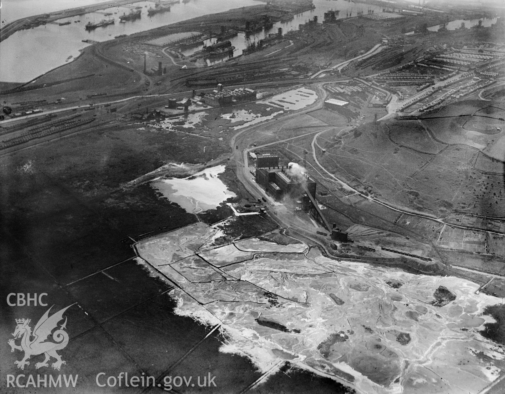 Distant view of Tir John power station, Swansea, oblique aerial view. 5?x4? black and white glass plate negative.