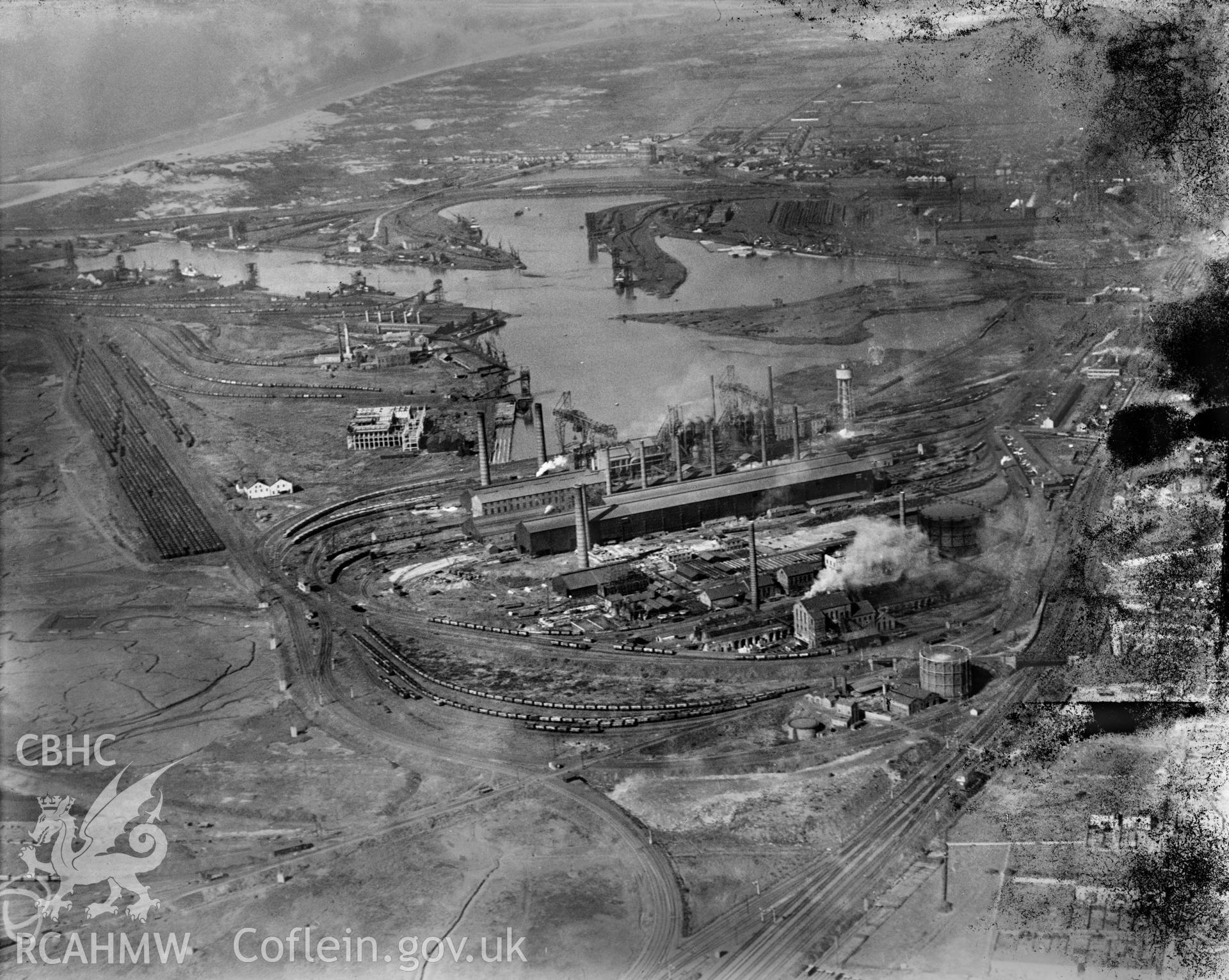 View of Baldwins Iron and Steelworks, Port Talbot, oblique aerial view. 5?x4? black and white glass plate negative.