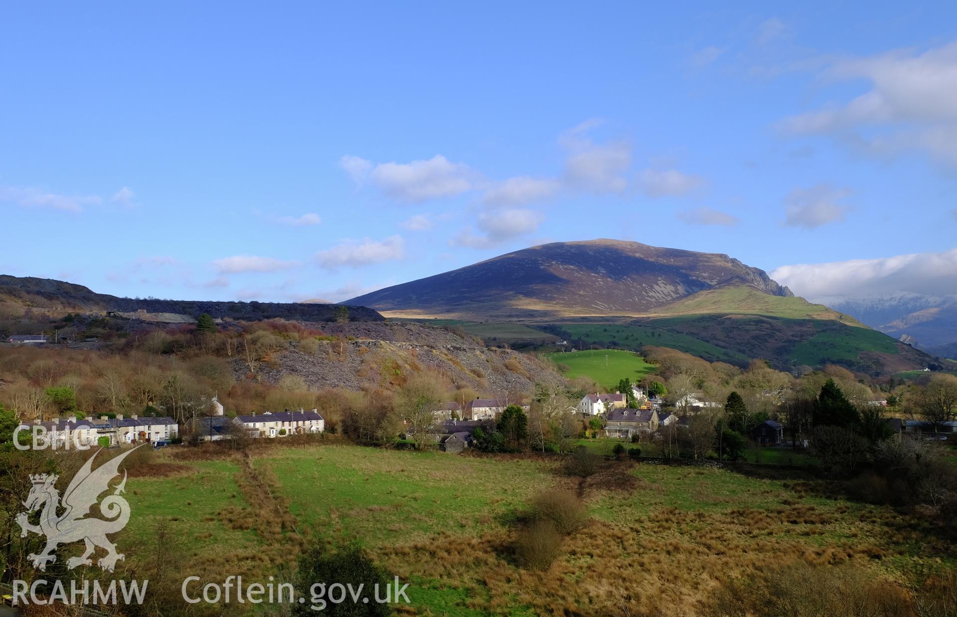 Colour photograph showing view of Nantlle village looking east towards Snowdon, produced by Richard Hayman 9th February 2017