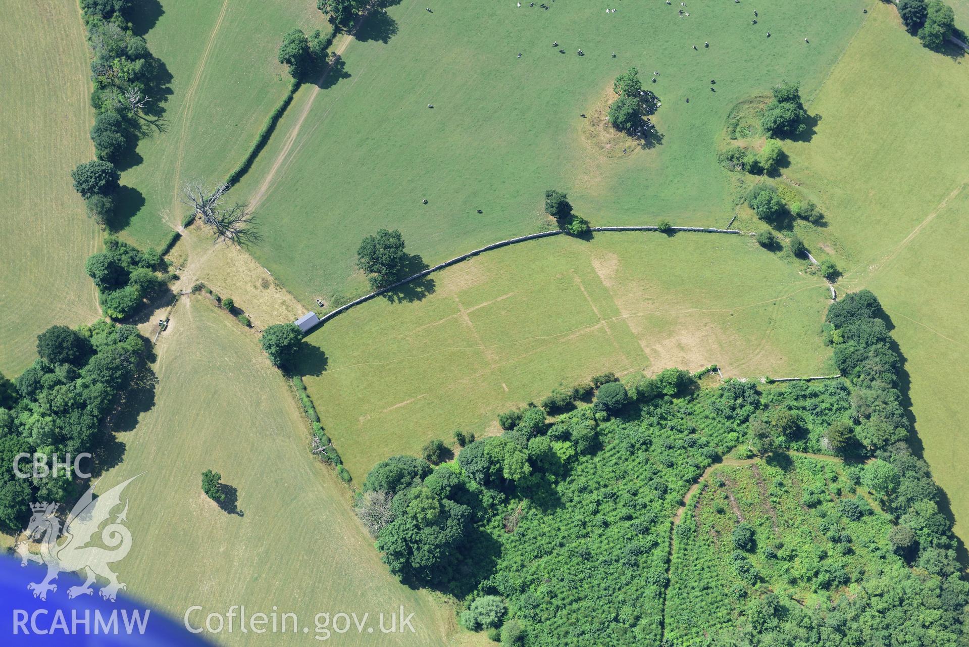 Royal Commission aerial photography of Plas Heaton Gardens, showing cropmarks of a former walled garden at SJ 033 686, taken on 19th July 2018 during the 2018 drought.