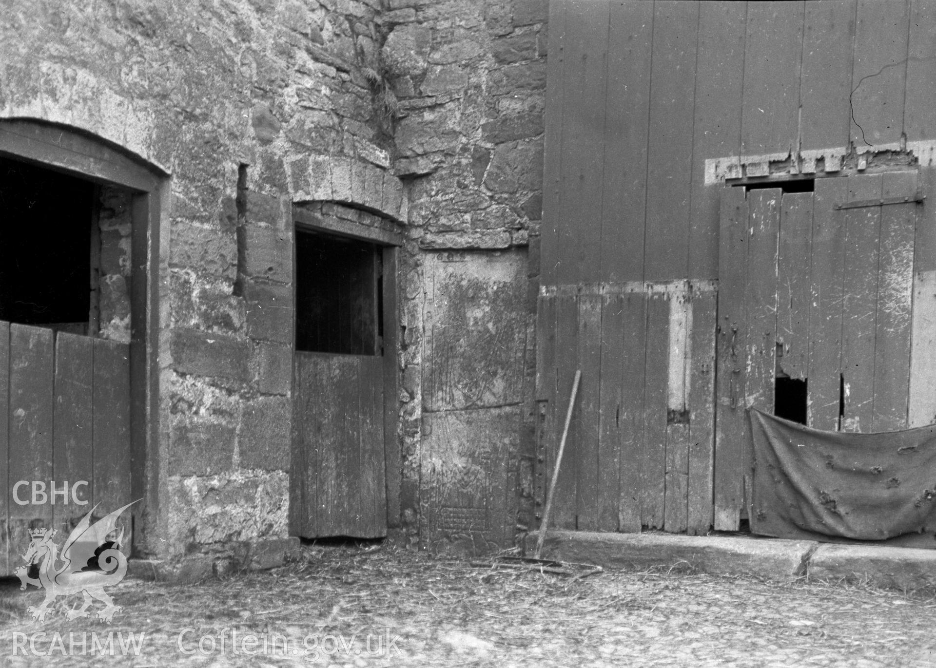 Digital copy of a nitrate negative showing view of unidentified outbuildings, possibly at the vicarage associated with Rhuddlan Church, taken by Leonard Monroe.