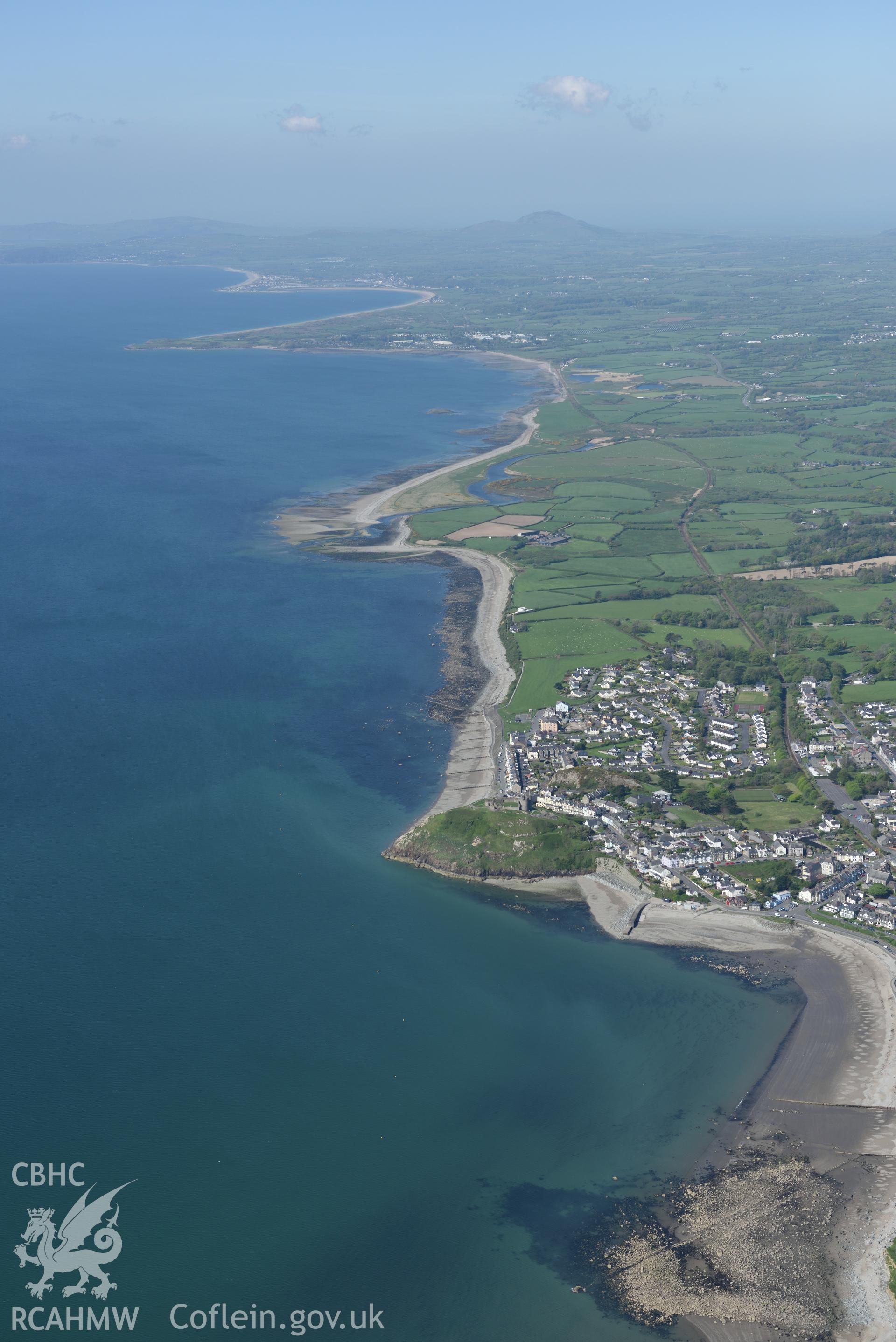 Aerial photography of Criccieth and its castle taken on 3rd May 2017.  Baseline aerial reconnaissance survey for the CHERISH Project. ? Crown: CHERISH PROJECT 2017. Produced with EU funds through the Ireland Wales Co-operation Programme 2014-2020. All ma