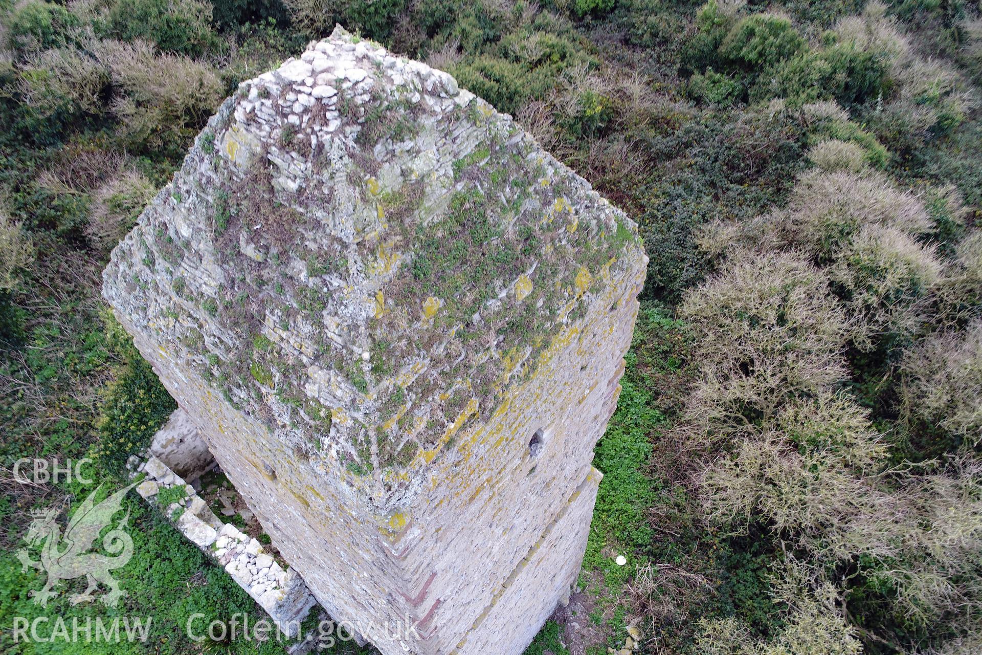 Investigator's drone/UAV survey of the church and monastic settlement on Puffin Island or Ynys Seiriol for the CHERISH Project. ? Crown: CHERISH PROJECT 2018. Produced with EU funds through the Ireland Wales Co-operation Programme 2014-2020. All material made freely available through the Open Government Licence.