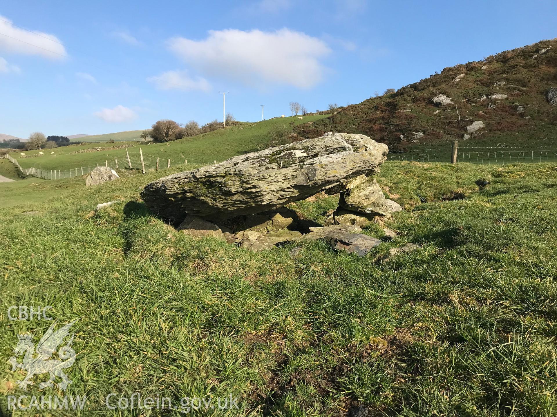 Colour photograph of Bedd Taliesin cairn Tre Taliesin, between Machynlleth and Aberystwyth, taken by Paul R. Davis on 28th March 2019.