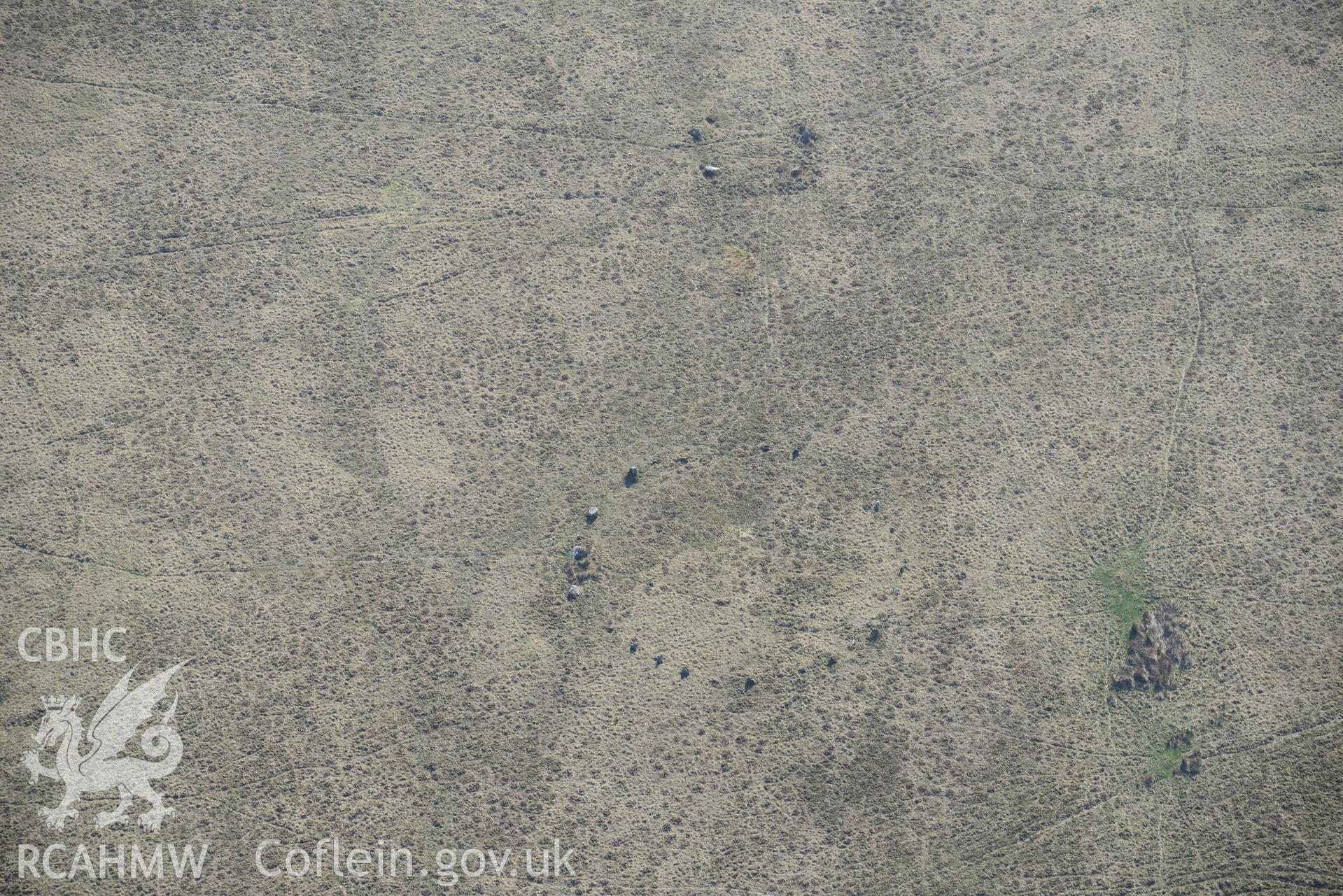 Trecastle Mountain, stone circle 1 and 2. Oblique aerial photograph taken during the Royal Commission's programme of archaeological aerial reconnaissance by Toby Driver on 21st April 2015