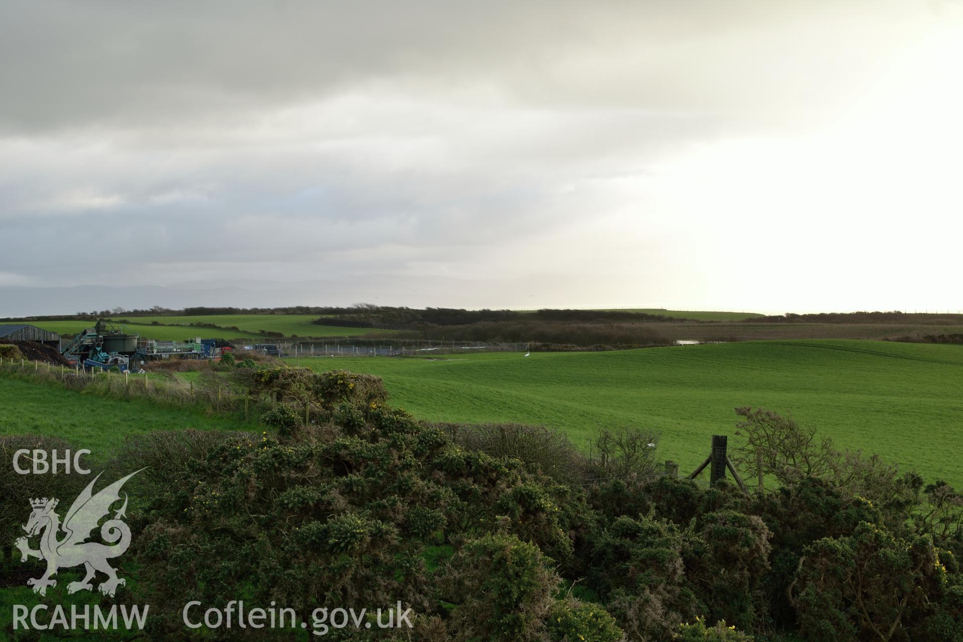 View from Tomen Fawr toward mouth of Afon Wen (not visible). Photographed by Gwynedd Archaeological Trust during impact assessment of the site on 20th December 2018. Project no. G2564.