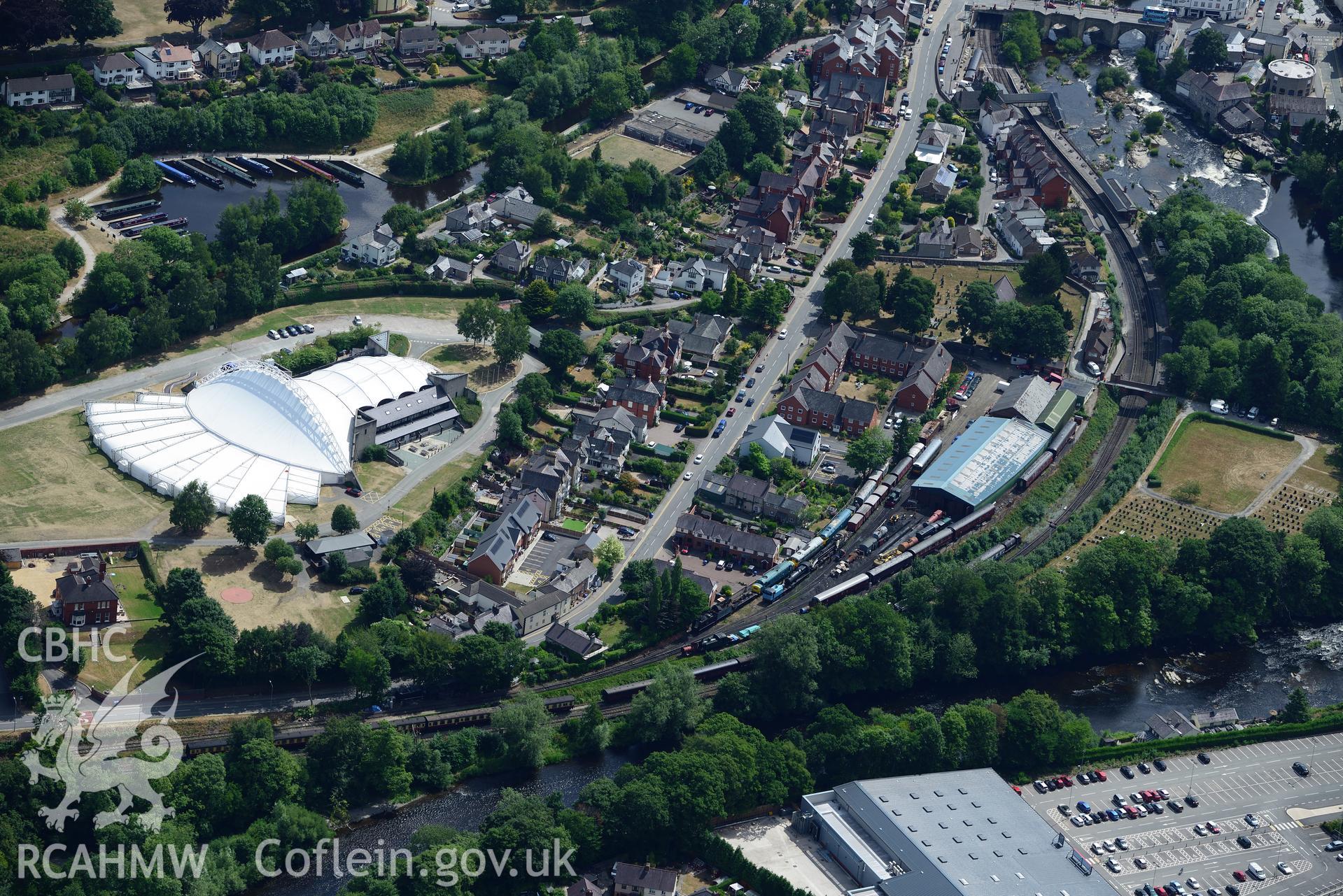 Royal Commission aerial photography of Llangollen from the north-west, taken on 19th July 2018 during the 2018 drought.