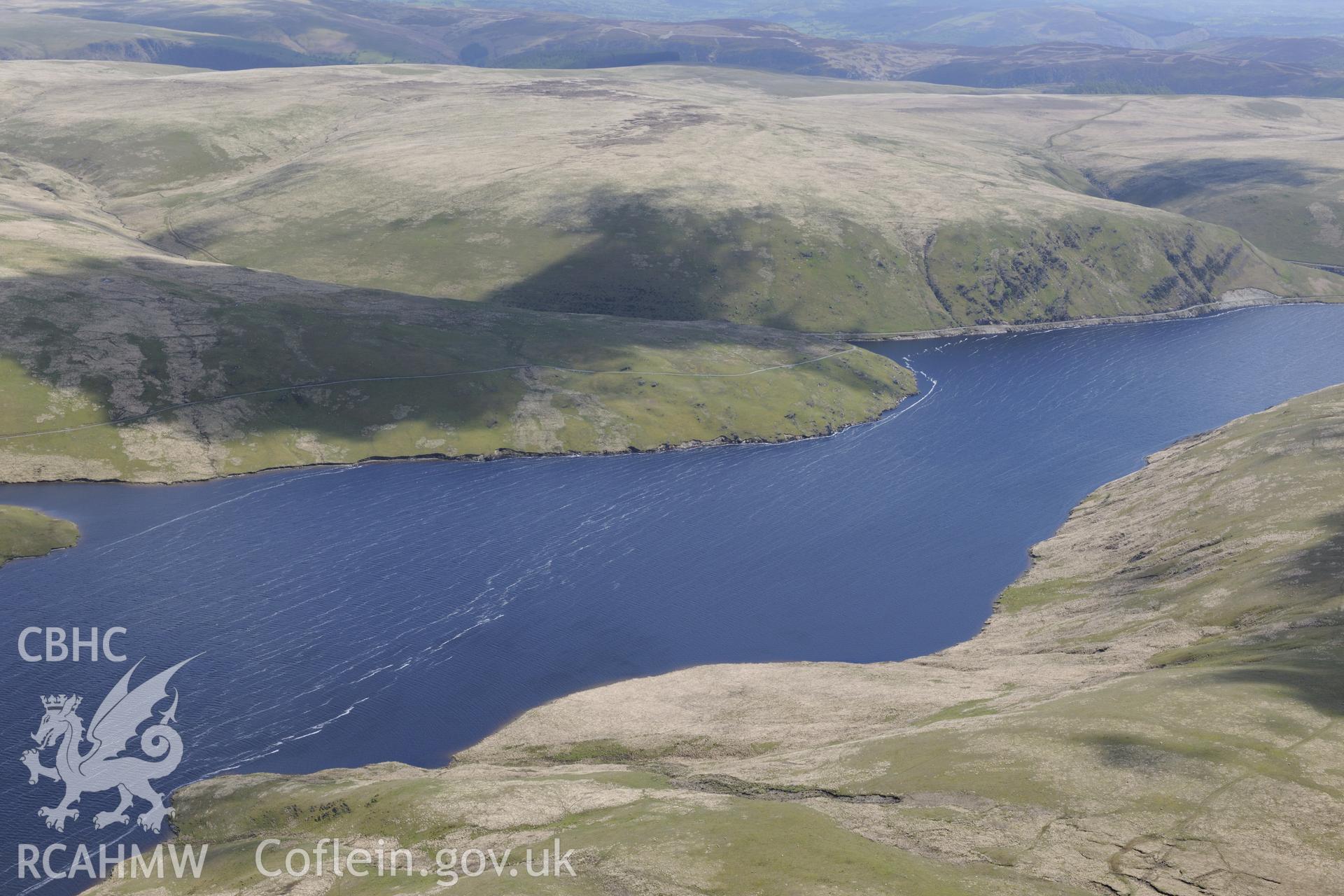 Claerwen Reservoir, Elan Valley Water Scheme. Oblique aerial photograph taken during the Royal Commission's programme of archaeological aerial reconnaissance by Toby Driver on 3rd June 2015.