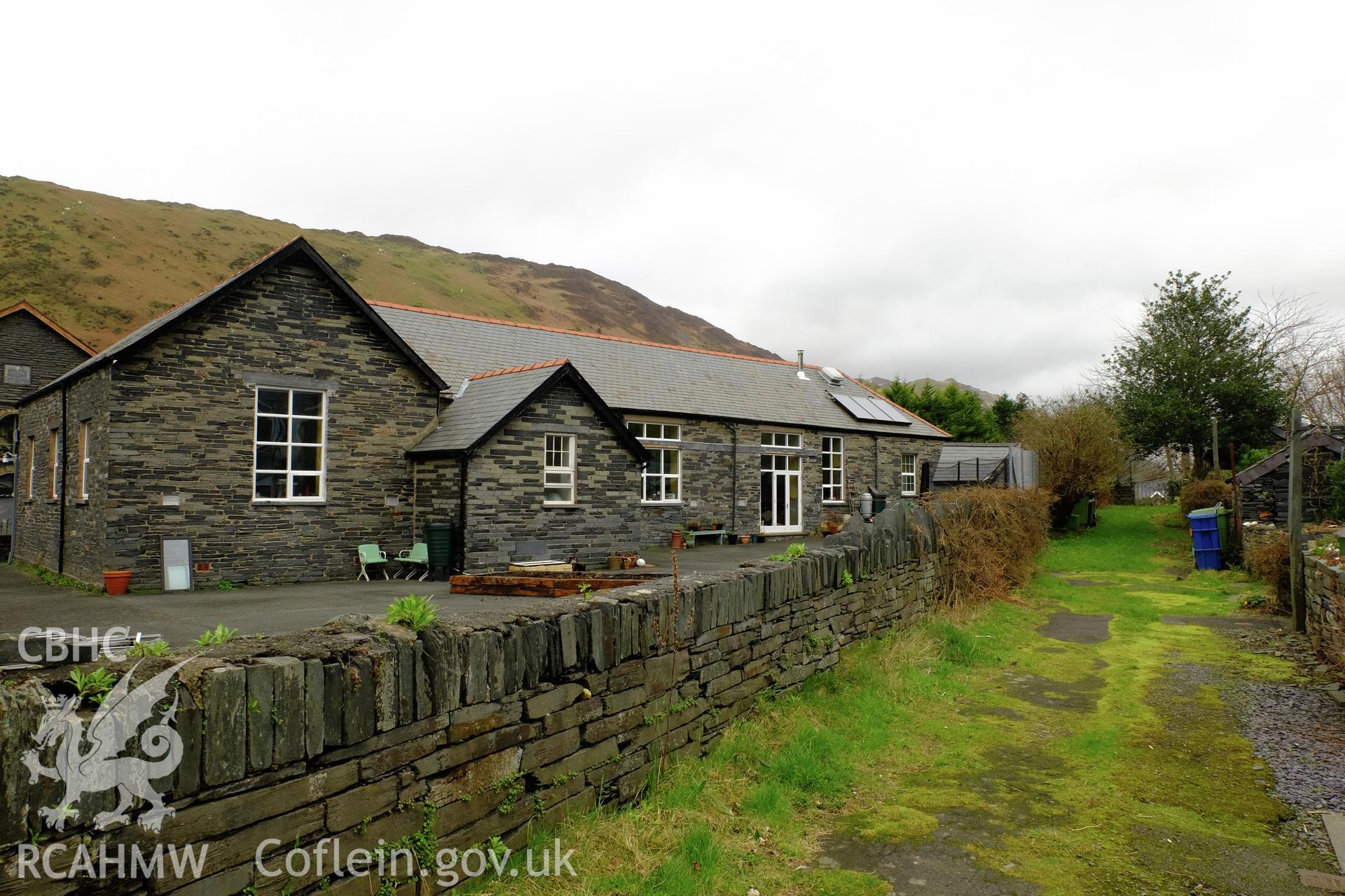 Colour photograph showing view looking north at alleyway (former tramroad) behind Tanybryn, with Yr Hen Ysgol, Abergynolwyn, produced by Richard Hayman 23rd February 2017