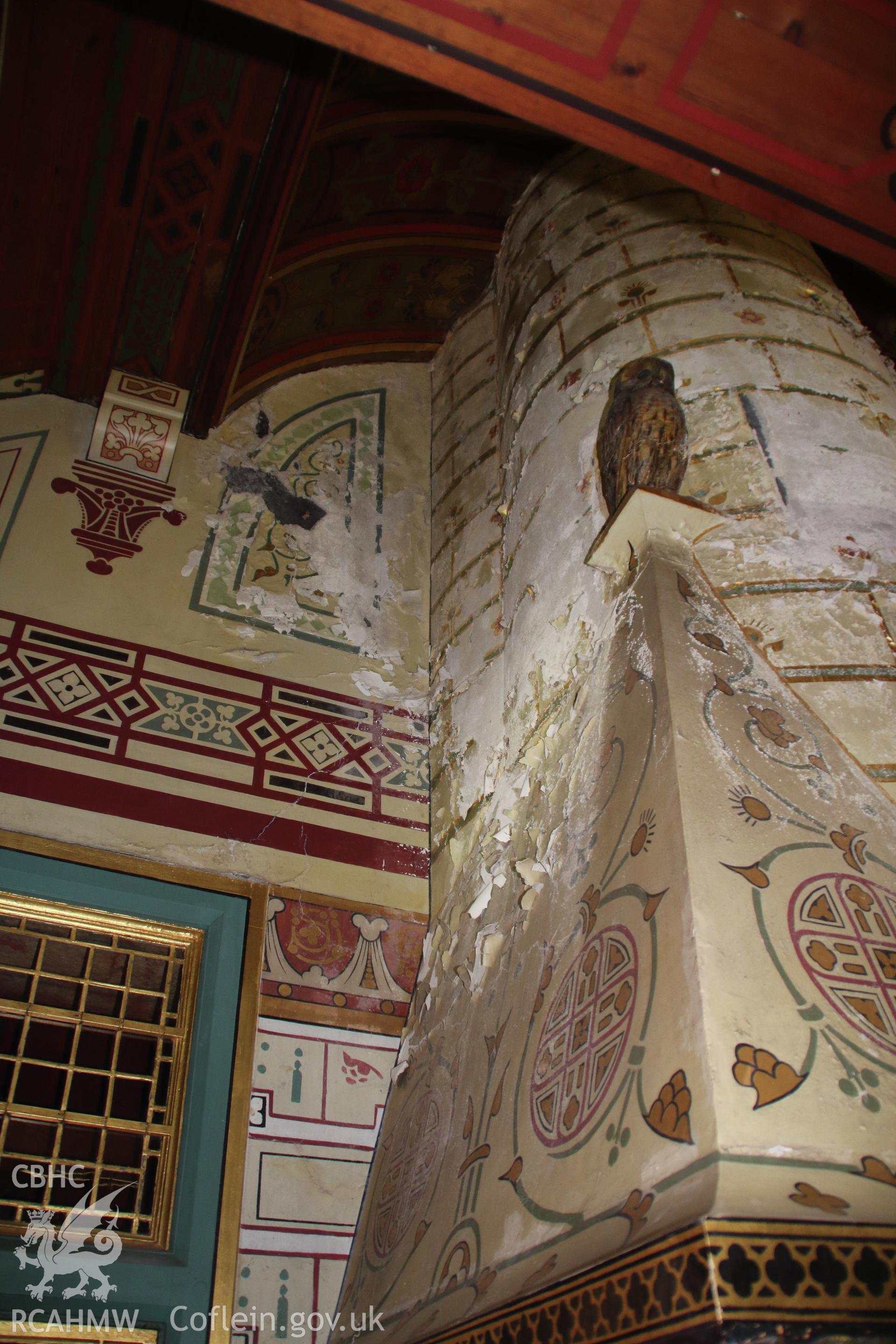 Highly decorative wall in Lady Bute's bedroom at Castell Coch, taken on 1/4/2019. From "Castell Coch, Tongwynlais. Archaeological Building Investigation & Recording & Watching Brief" by Richard Scott Jones, Heritage Recording Services Wales. Report No 202.