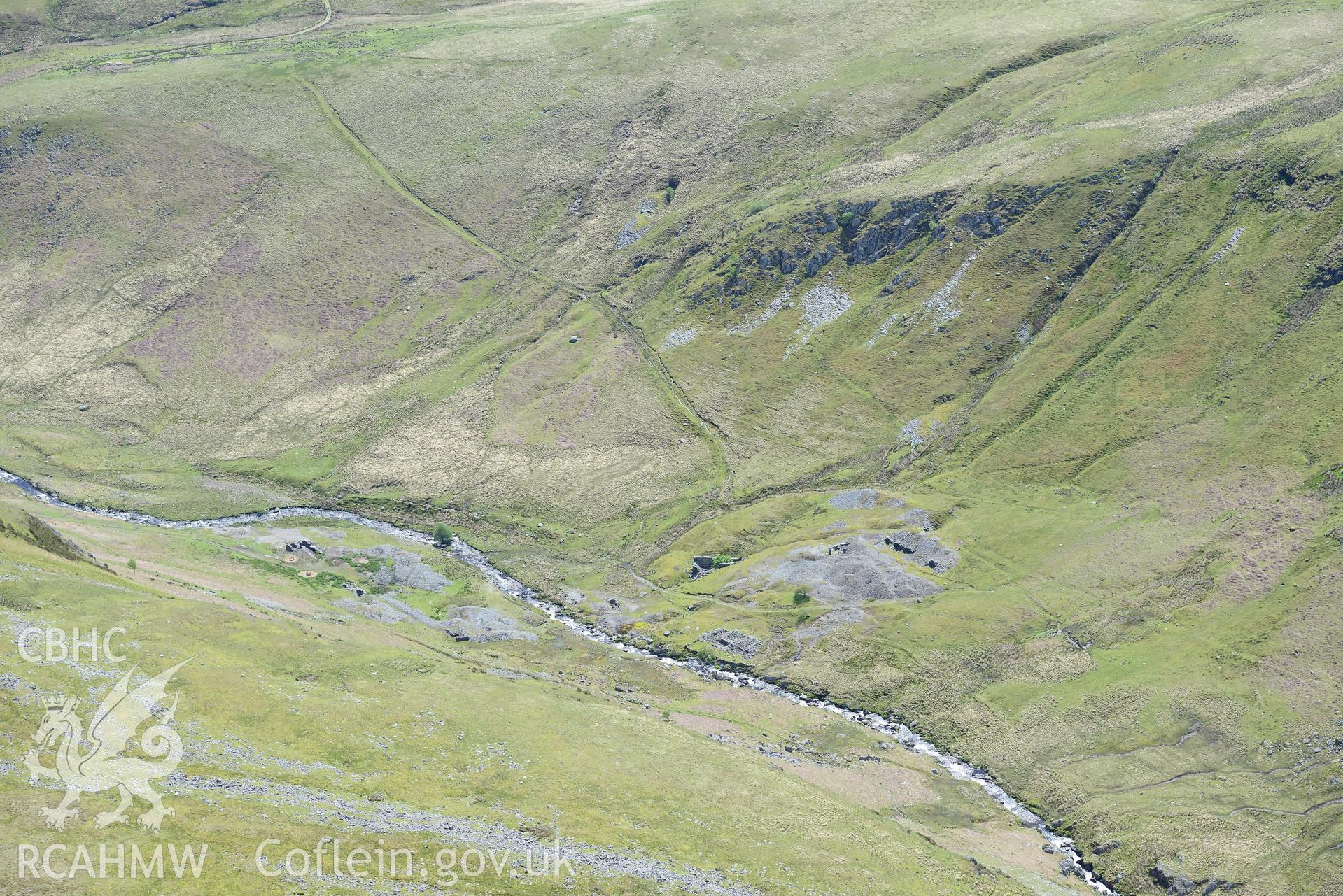 Dalrhiw lead mine and Nantycar copper and lead mine. Oblique aerial photograph taken during the Royal Commission's programme of archaeological aerial reconnaissance by Toby Driver on 3rd June 2015.