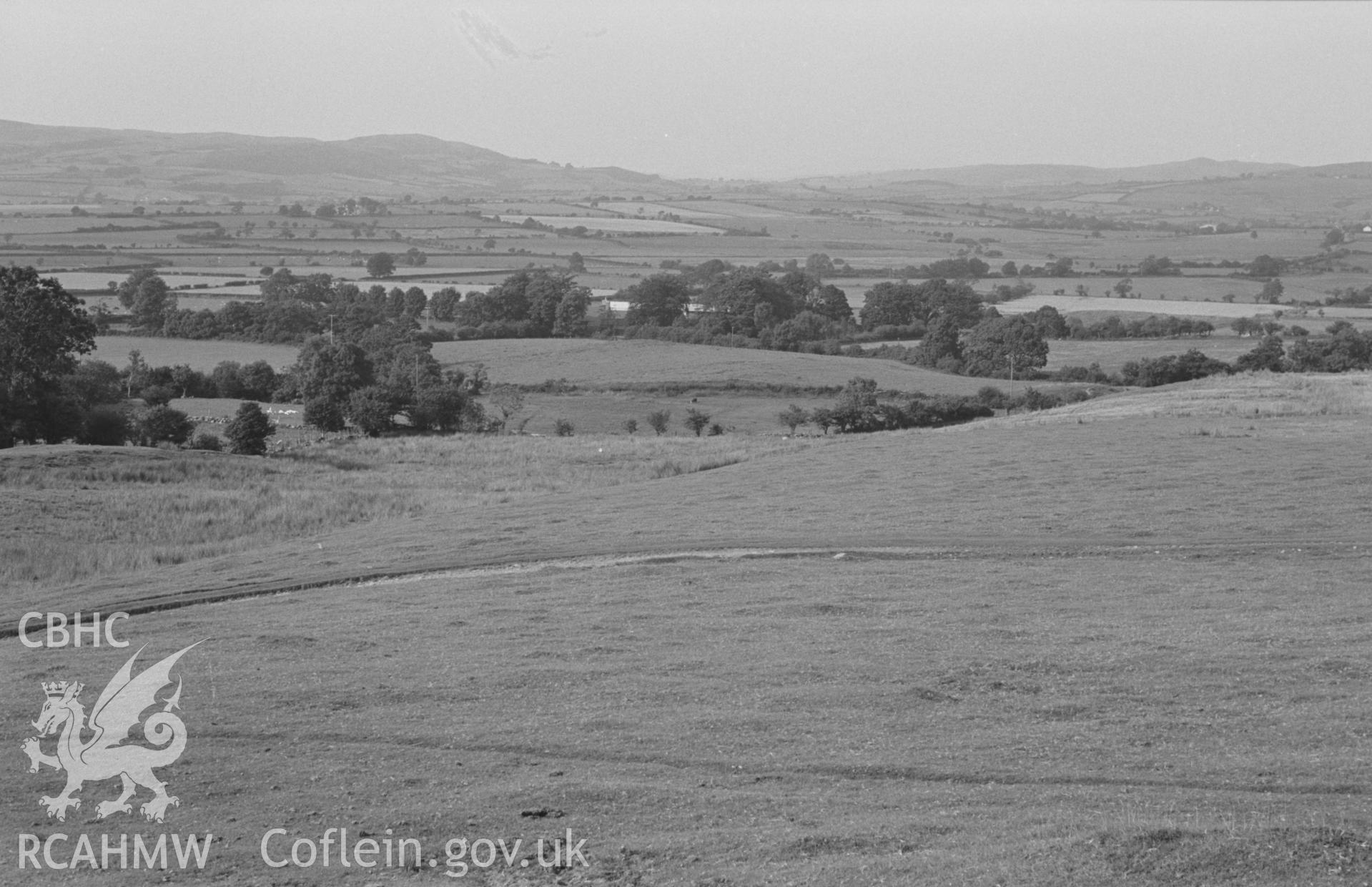 Digital copy of a black and white negative showing view from 150m north of Pant-Rhedyn (Grid Reference SN 717 642), looking north north east to the site of Yr Hen Fynachlog (field just above centre of picture) with Old Abbey Farm behind. Photographed by Arthur O. Chater in August 1967.