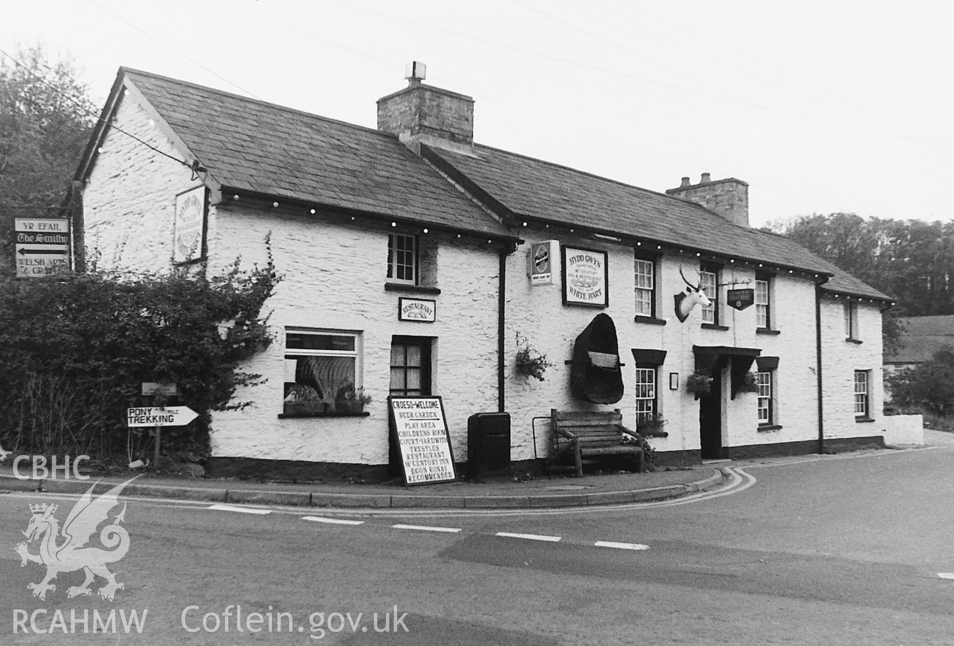 Digital colour photograph showing exterior view of White Hart Inn, Cenarth, taken by Paul Davis in 1990.