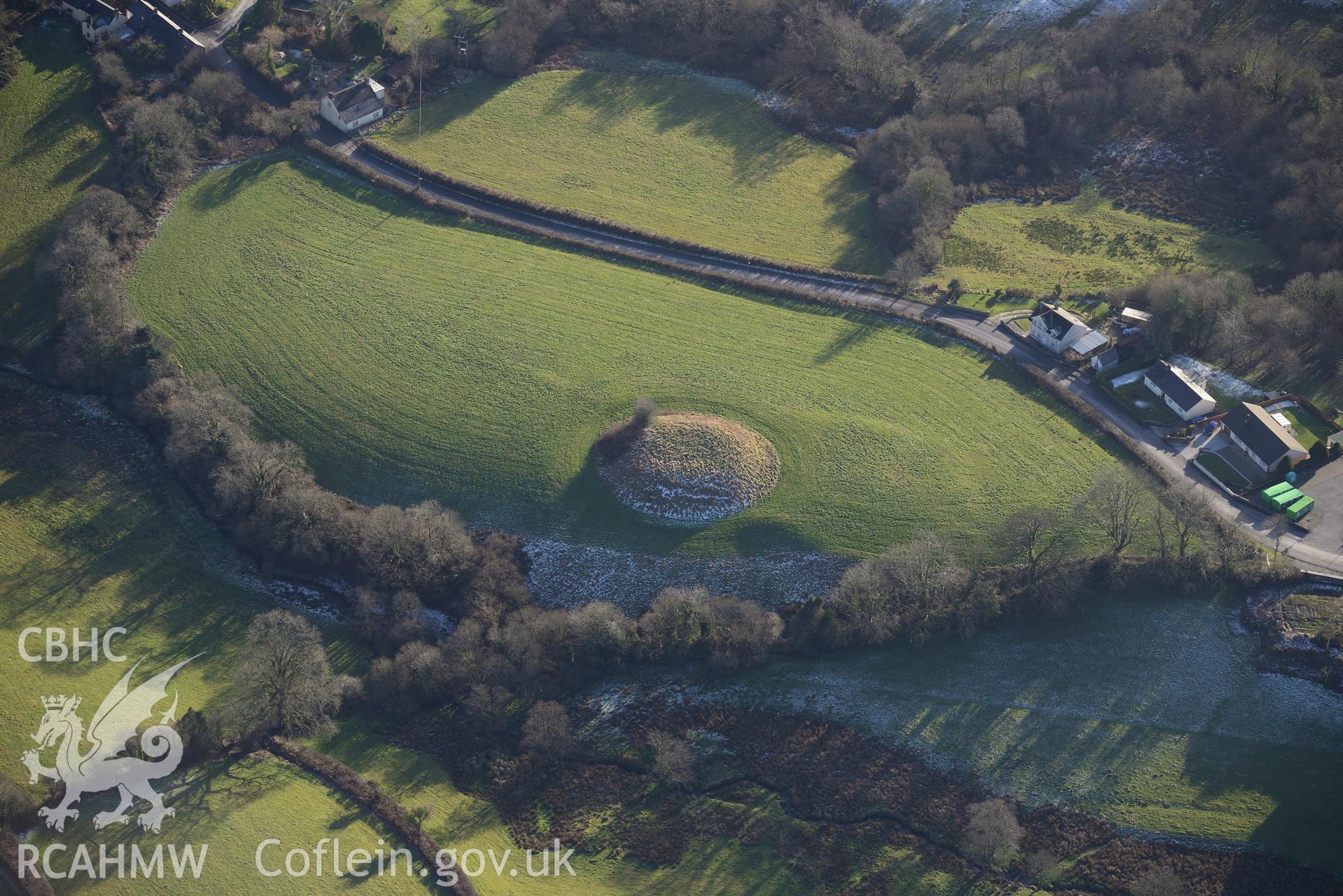 Castell Mawr motte and bailey, Llanboidy, north west of Carmarthen. Oblique aerial photograph taken during the Royal Commission's programme of archaeological aerial reconnaissance by Toby Driver on 4th February 2015.