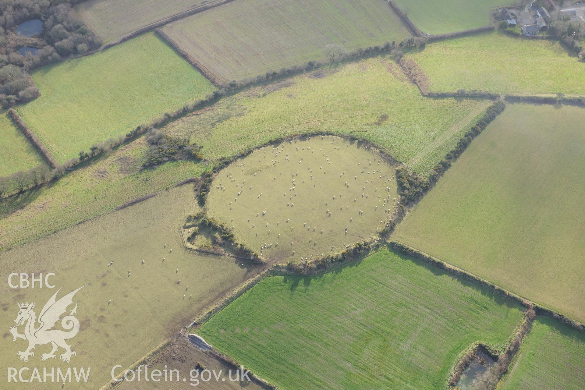 Cribyn Clottas Hillfort. Oblique aerial photograph taken during the Royal Commission's programme of archaeological aerial reconnaissance by Toby Driver on 6th January 2015.