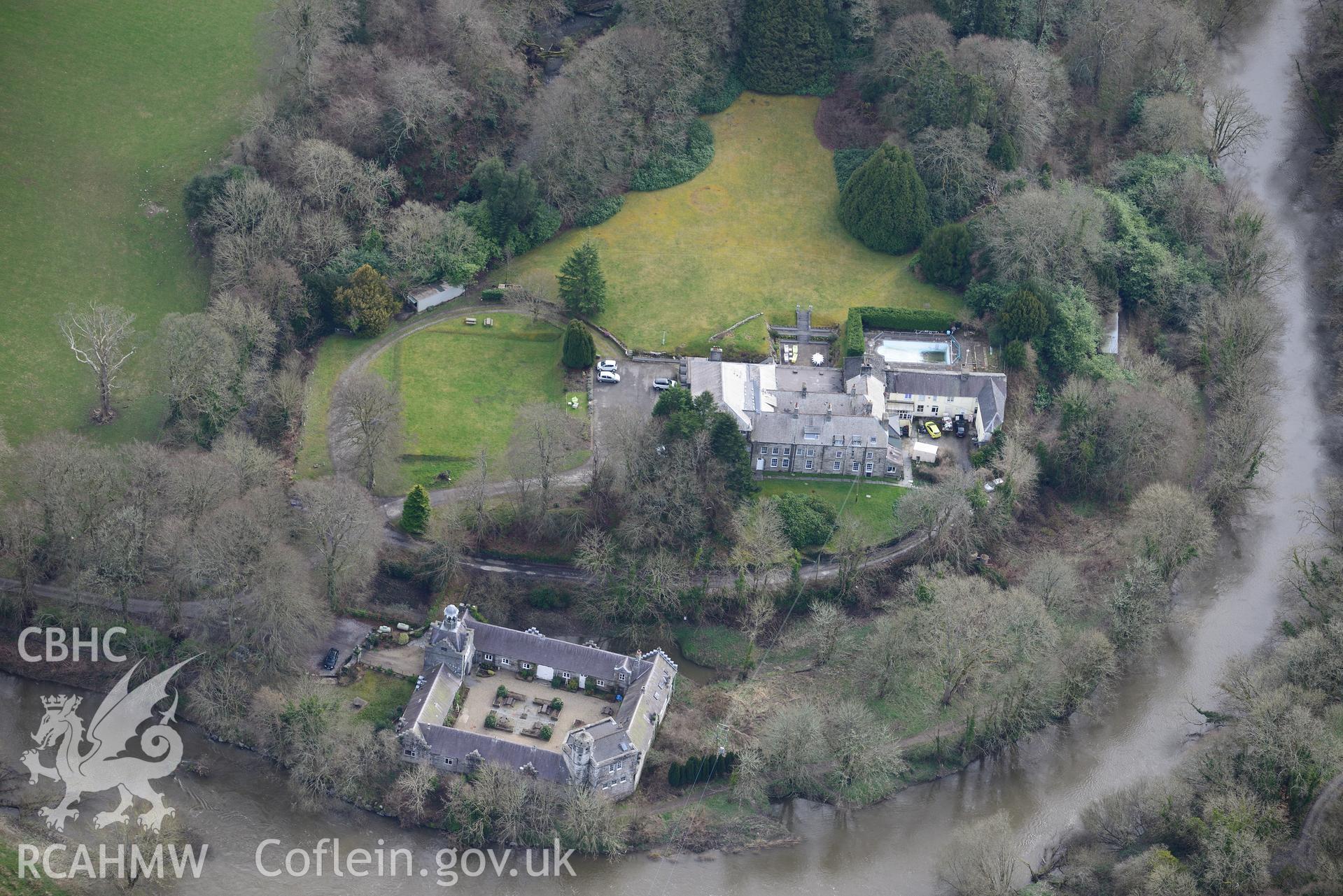 Castell Malgwyn and associated garden and outbuildings, Llechryd, near Cardigan. Oblique aerial photograph taken during the Royal Commission's programme of archaeological aerial reconnaissance by Toby Driver on 13th March 2015.