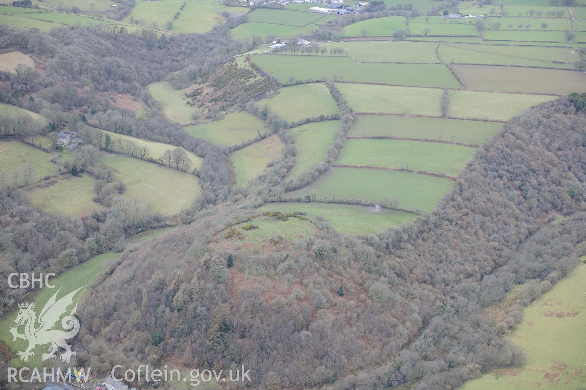 Dinas Cerdin hillfort, near Ffostrasol, Cardigan. Oblique aerial photograph taken during the Royal Commission's programme of archaeological aerial reconnaissance by Toby Driver on 13th March 2015.