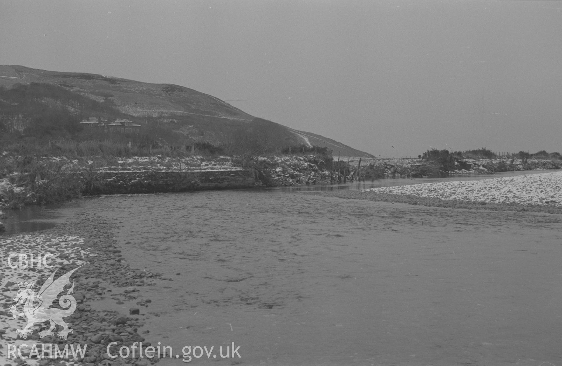 Digital copy of a black and white negative showing Plas Tanybwlch, looking down the Ystwyth, near Aberystwyth. Photographed by Arthur O. Chater on 26th December 1964 from Grid Reference SN 5861 7941, looking west.