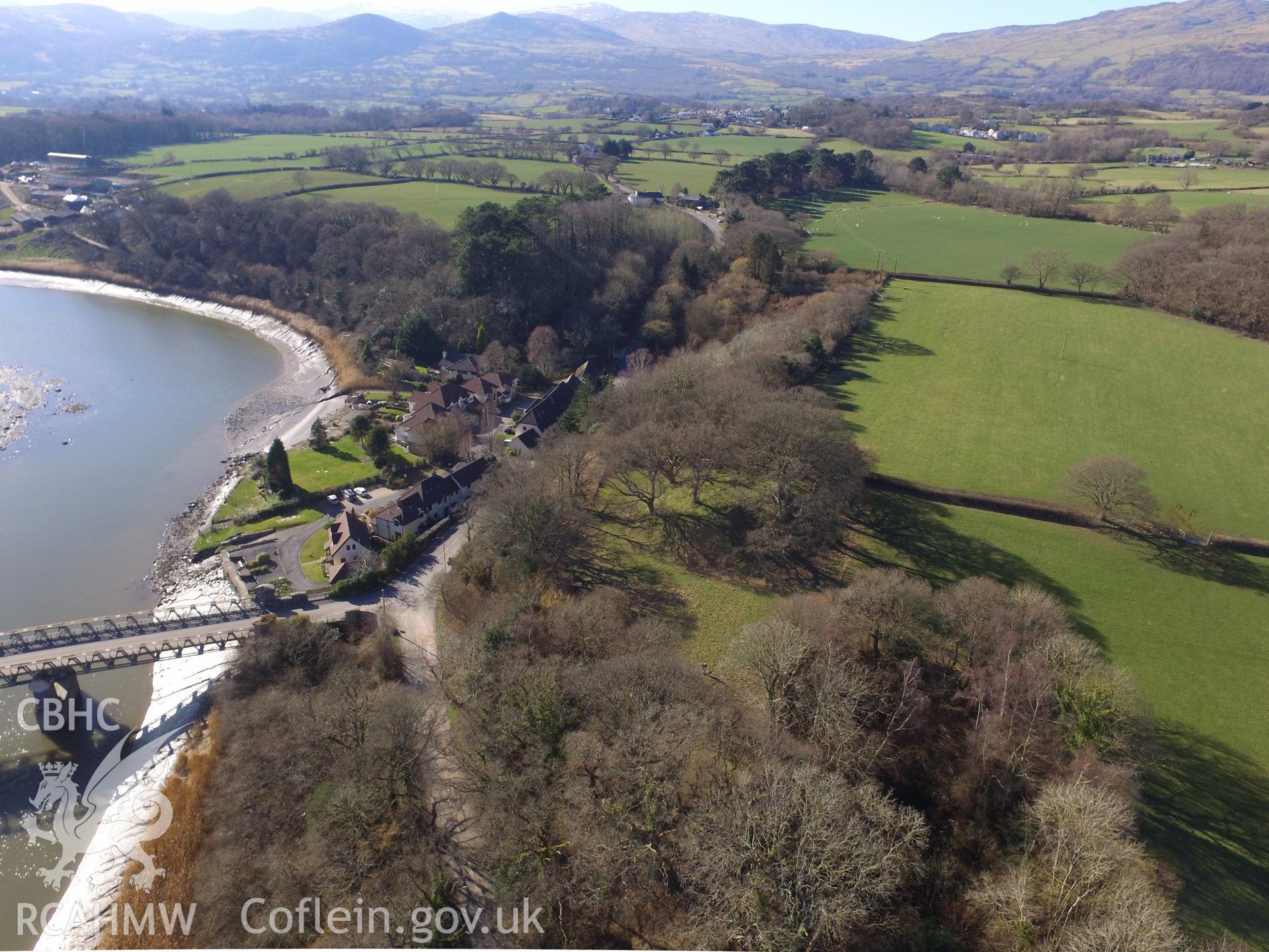 Colour photo showing view of Talycafn Motte, taken by Paul R. Davis, 12th March 2018.