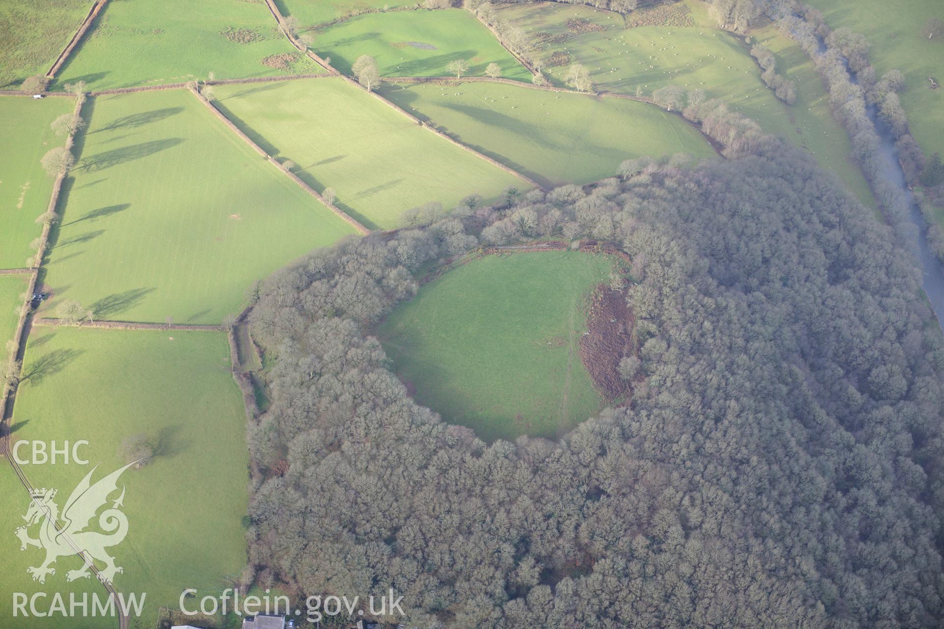 Craig Gwrtheyrn Hillfort. Oblique aerial photograph taken during the Royal Commission's programme of archaeological aerial reconnaissance by Toby Driver on 6th January 2015.