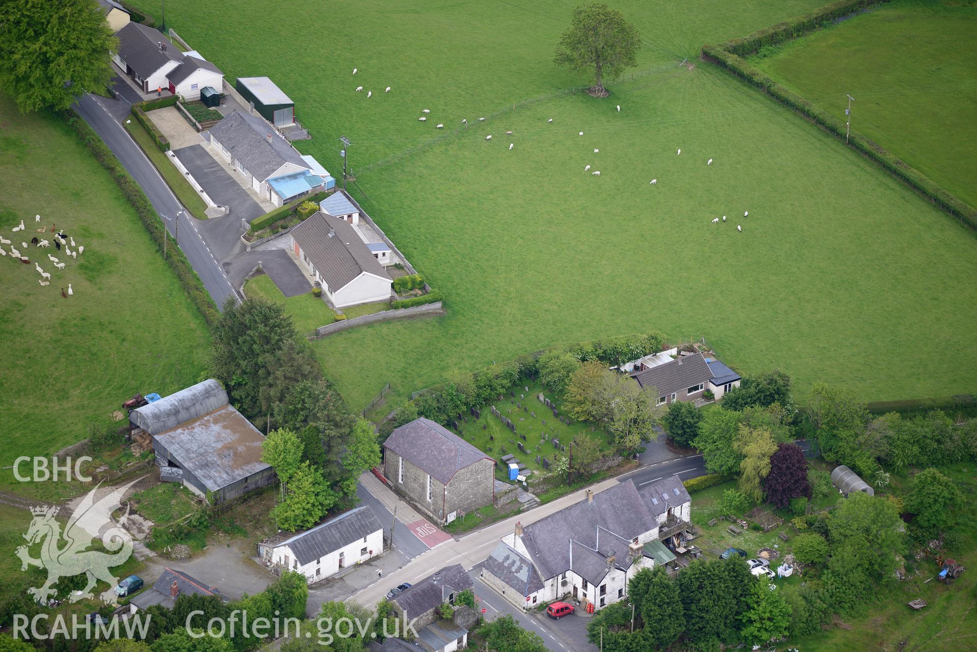 The village of Rhydowen, showing Yr Hen Gapel; Allyrodyn Arms and Alltyrodyn Arms pigsty and stable. Oblique aerial photograph taken during the Royal Commission's programme of archaeological aerial reconnaissance by Toby Driver on 3rd June 2015.