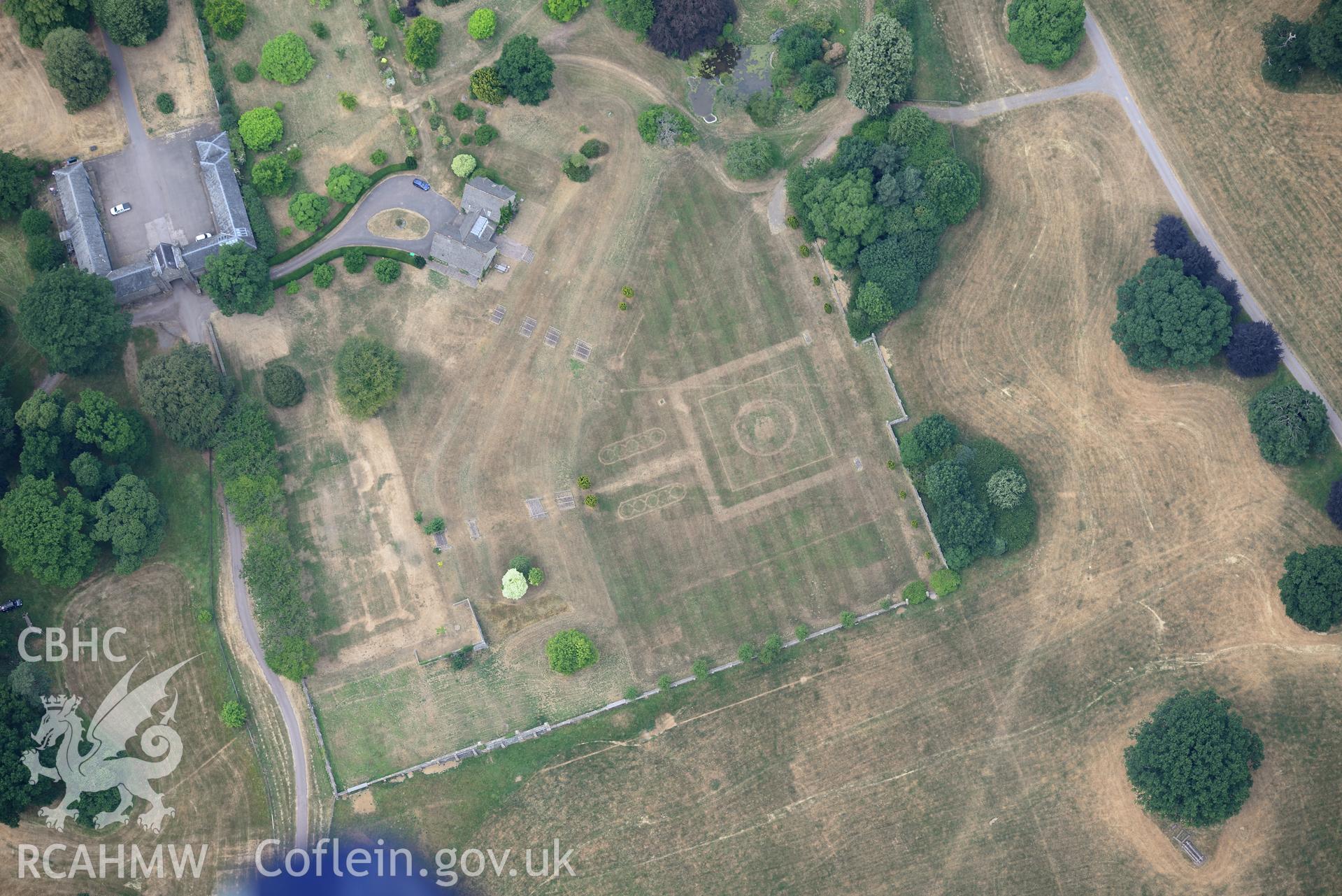 Royal Commission aerial photography of Glanusk Park House and garden taken on 19th July 2018 during the 2018 drought.