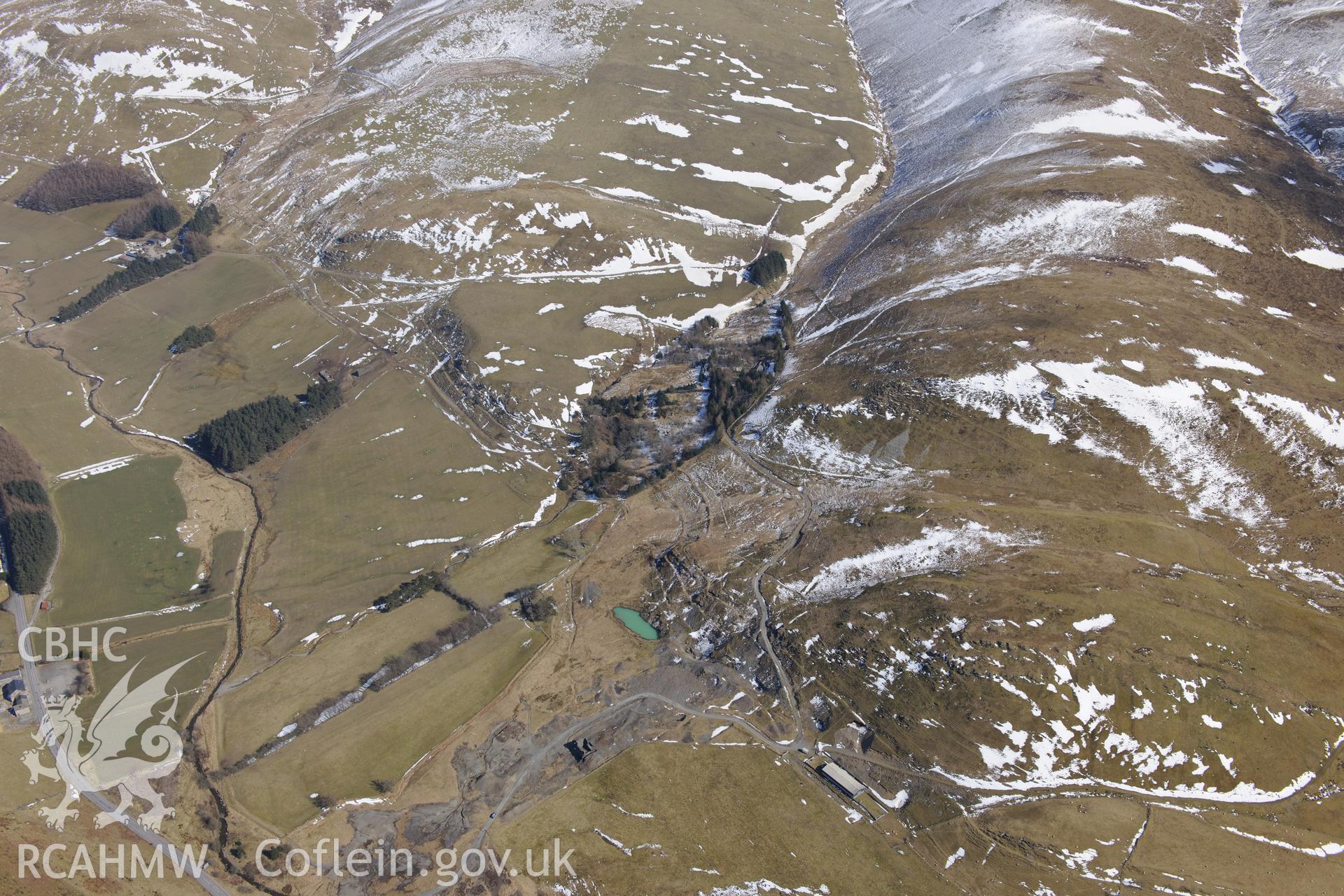 Castell Mine, between Aberystwyth and Llangurig. Oblique aerial photograph taken during the Royal Commission's programme of archaeological aerial reconnaissance by Toby Driver on 2nd April 2013.