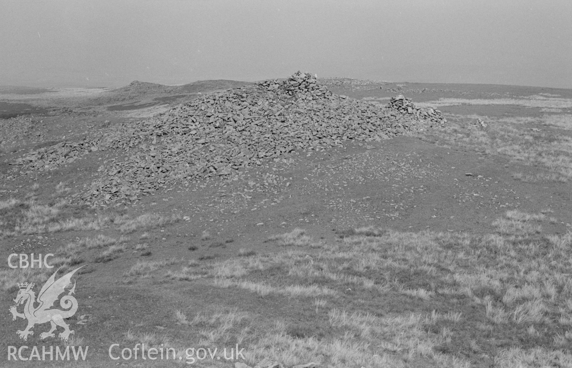 Digital copy of a black and white negative showing the northern summit cairn of Pen Pumlumon-Arwystli from the southern cairn, 2427ft. Photographed by Arthur O. Chater in August 1967. (Looking north east from Grid Reference SN 815 878).