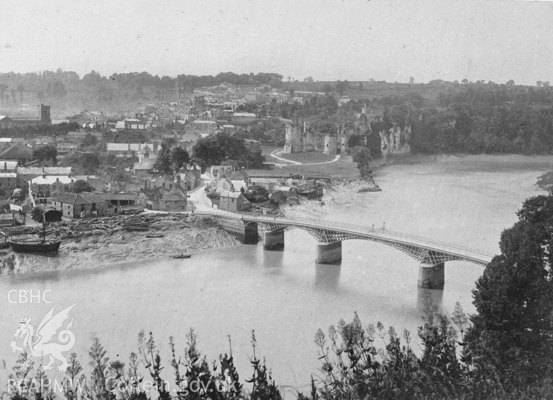 Digital copy of an acetate negative showing Chepstow Road Bridge and Castle.