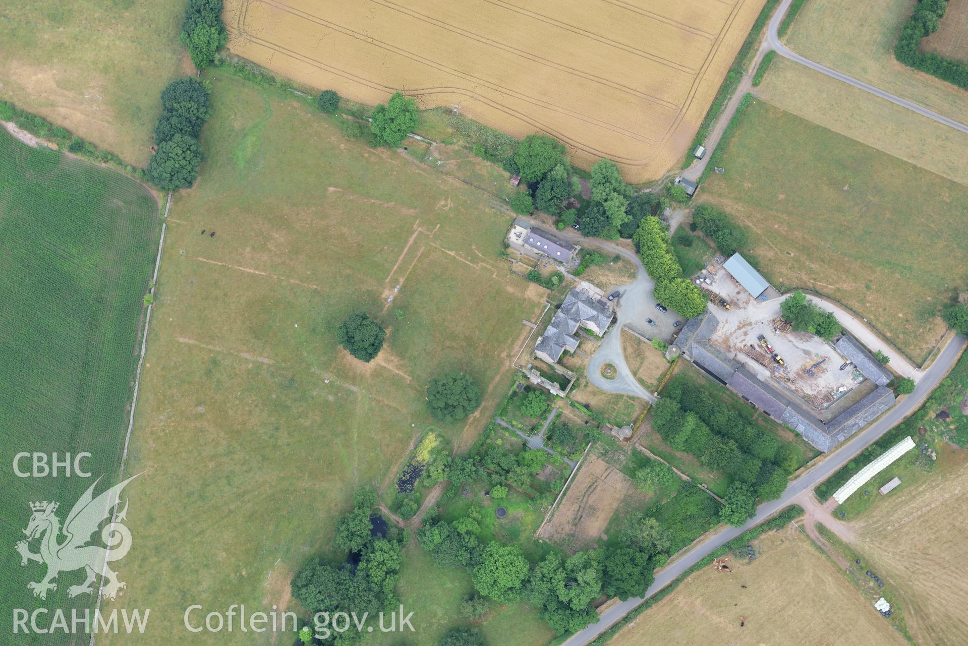 Royal Commission aerial photography of Old Gwernyfed, with parchmarks, taken on 19th July 2018 during the 2018 drought.