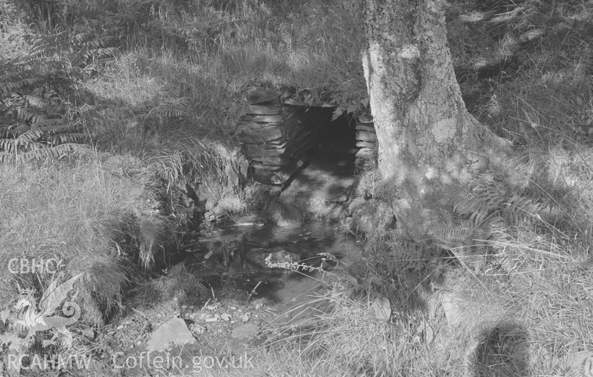 Digital copy of a black and white negative showing the mouth of the outflow tunnel from the lowest and smallest of the three reservoirs above Bryndyfi Lead Mine. Photographed by Arthur O. Chater in August 1966 from Grid Ref SN 683 935, looking north east.