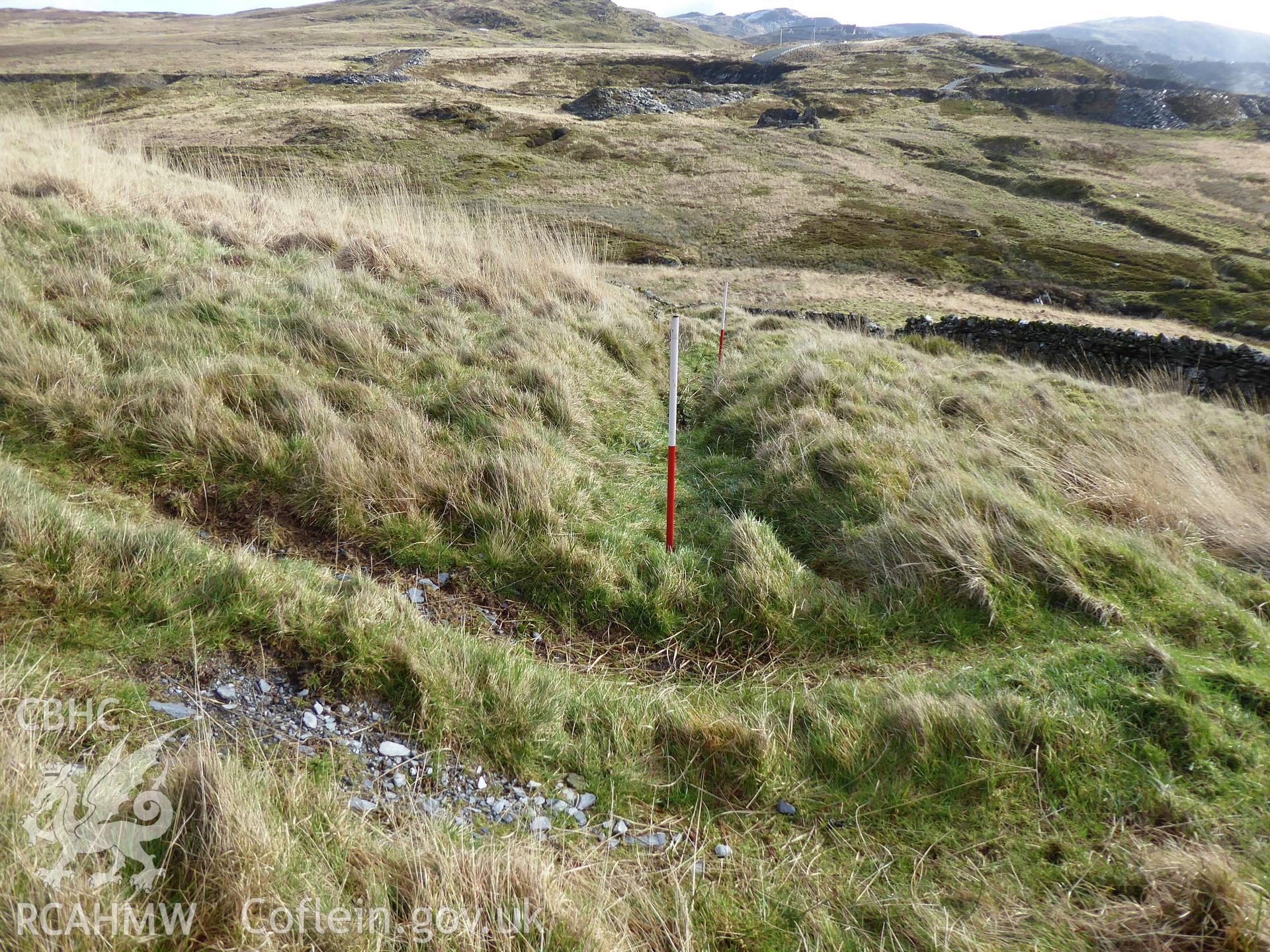 Cribau drain, photographed on 11th February 2019 as part of archaeological assessment of Antur Stiniog Downhill Cycle Tracks Extension, conducted by I. P. Brooks of Engineering Archaeological Services Ltd.