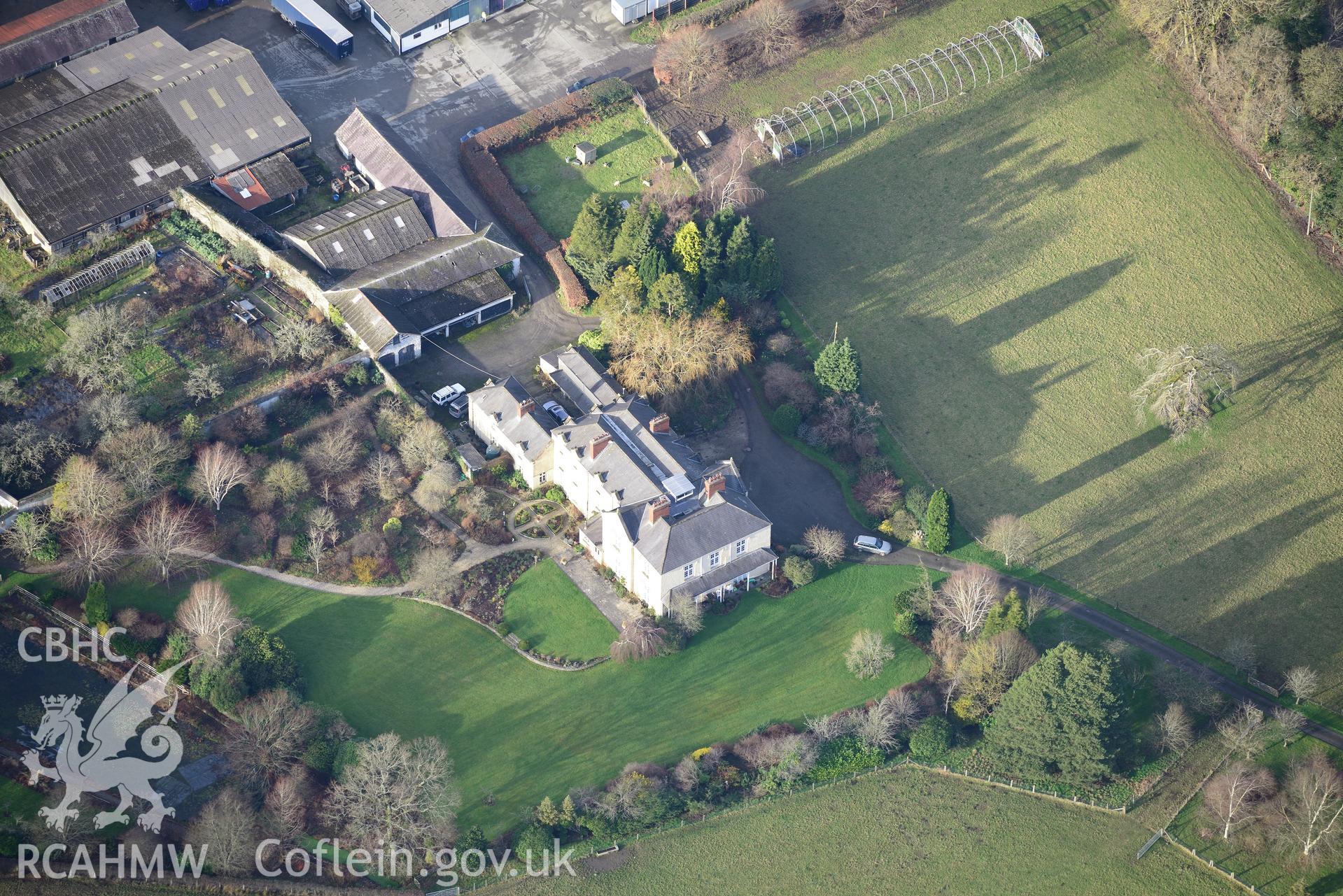 Llanllyr Country House and Gardens. Oblique aerial photograph taken during the Royal Commission's programme of archaeological aerial reconnaissance by Toby Driver on 6th January 2015.