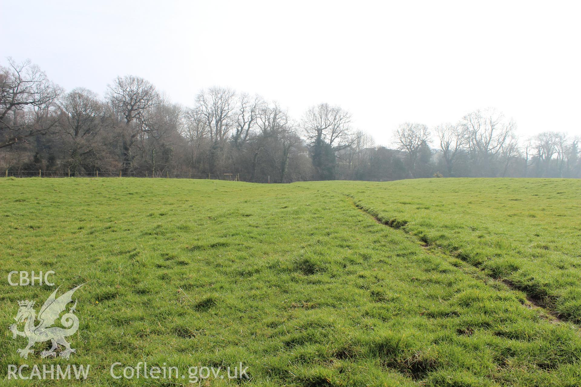 'Possible hollow way running from the Usk bank on the eastern side of proposed site B.' Photographed on site visit for archaeological desk based assessment of proposed Eisteddfod Site at Castle Meadows & Llanfoist, Abergavenny, by Archaeology Wales, 2014.