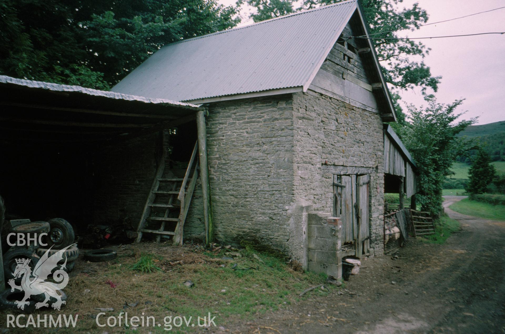 Digital copy of a colour slide showing an exterior view of Pilleth Court Farm Building.