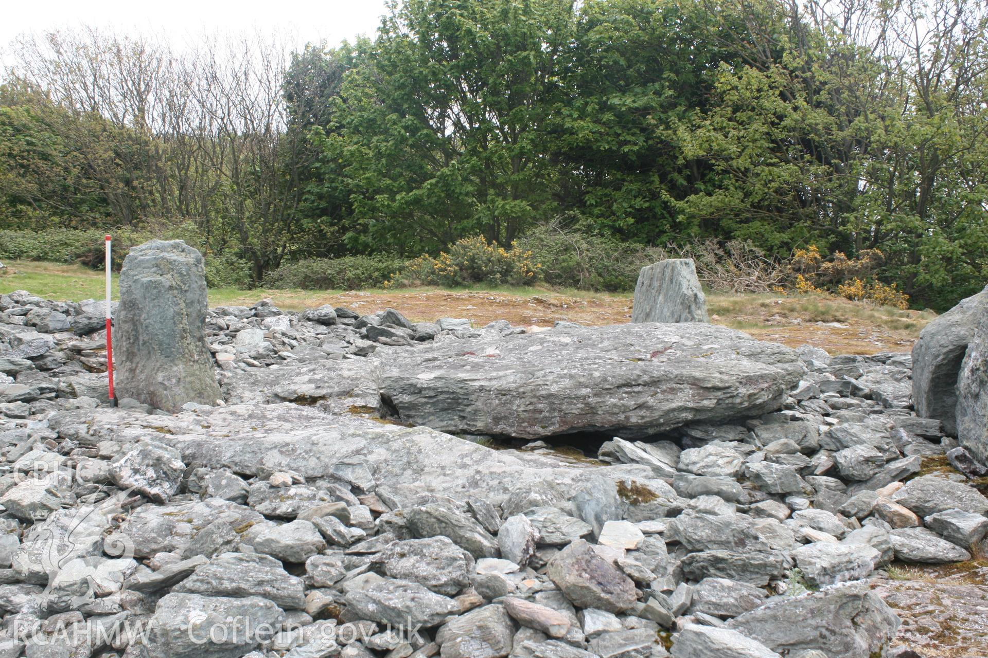 Detail of Trefignath second burial chamber. Looking south. Looking southeast. Digital photograph taken as part of archaeological work at Parc Cybi Enterprise Zone, Holyhead, Anglesey, carried out by Archaeology Wales, 2017. Project number: P2522.