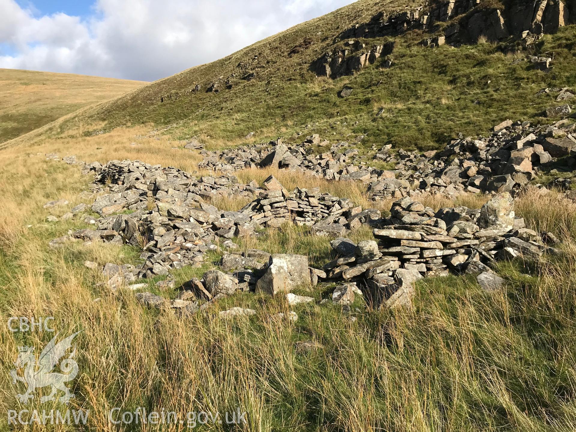 Digital colour photograph showing view of Taren Lluest Fforch Ddu Huts in the Garw Valley, taken by Paul R. Davis on 6th October 2019.