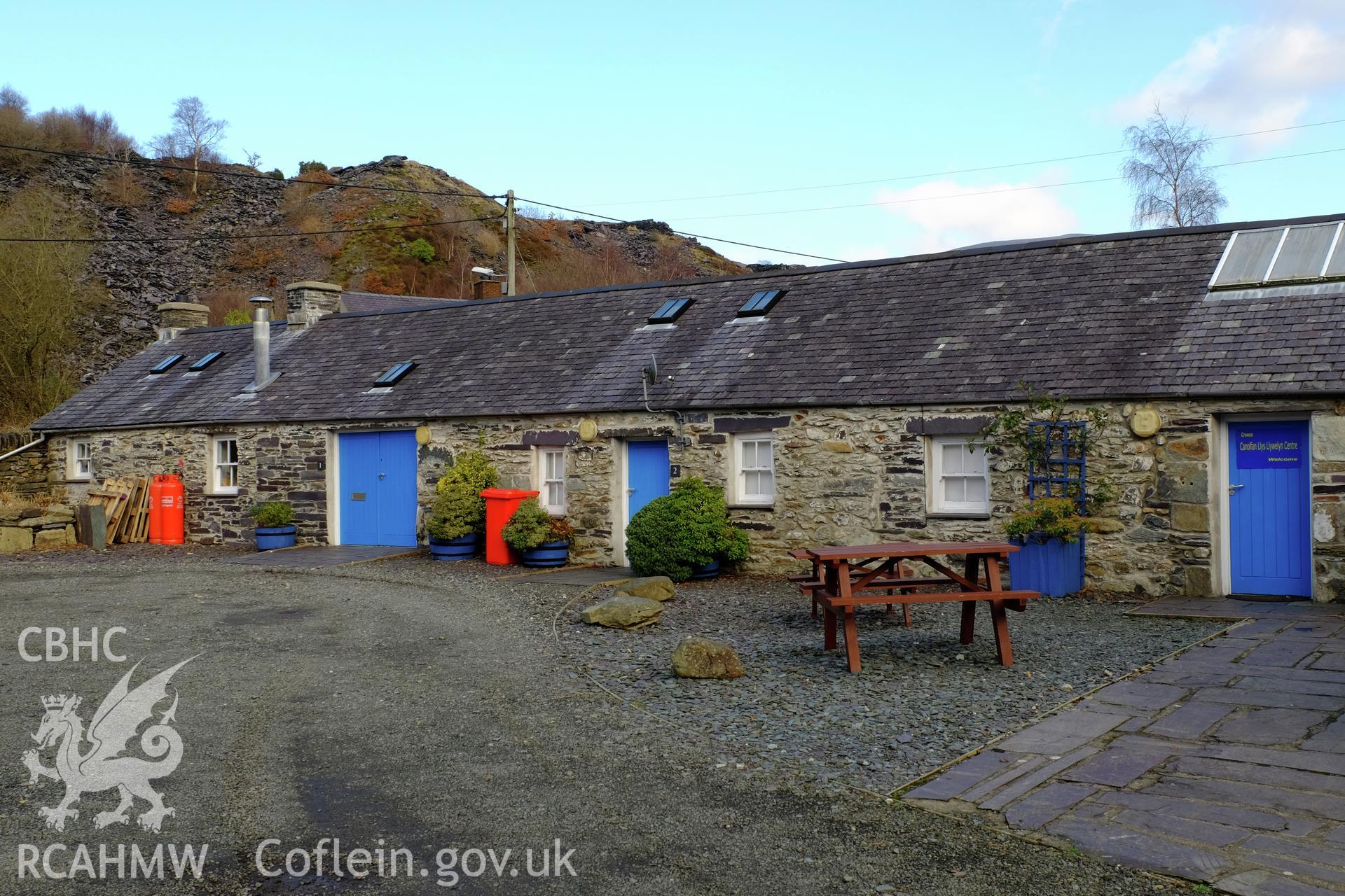 Colour photograph showing view looking north east at east range of Barracks, Nantlle, produced by Richard Hayman 9th February 2017