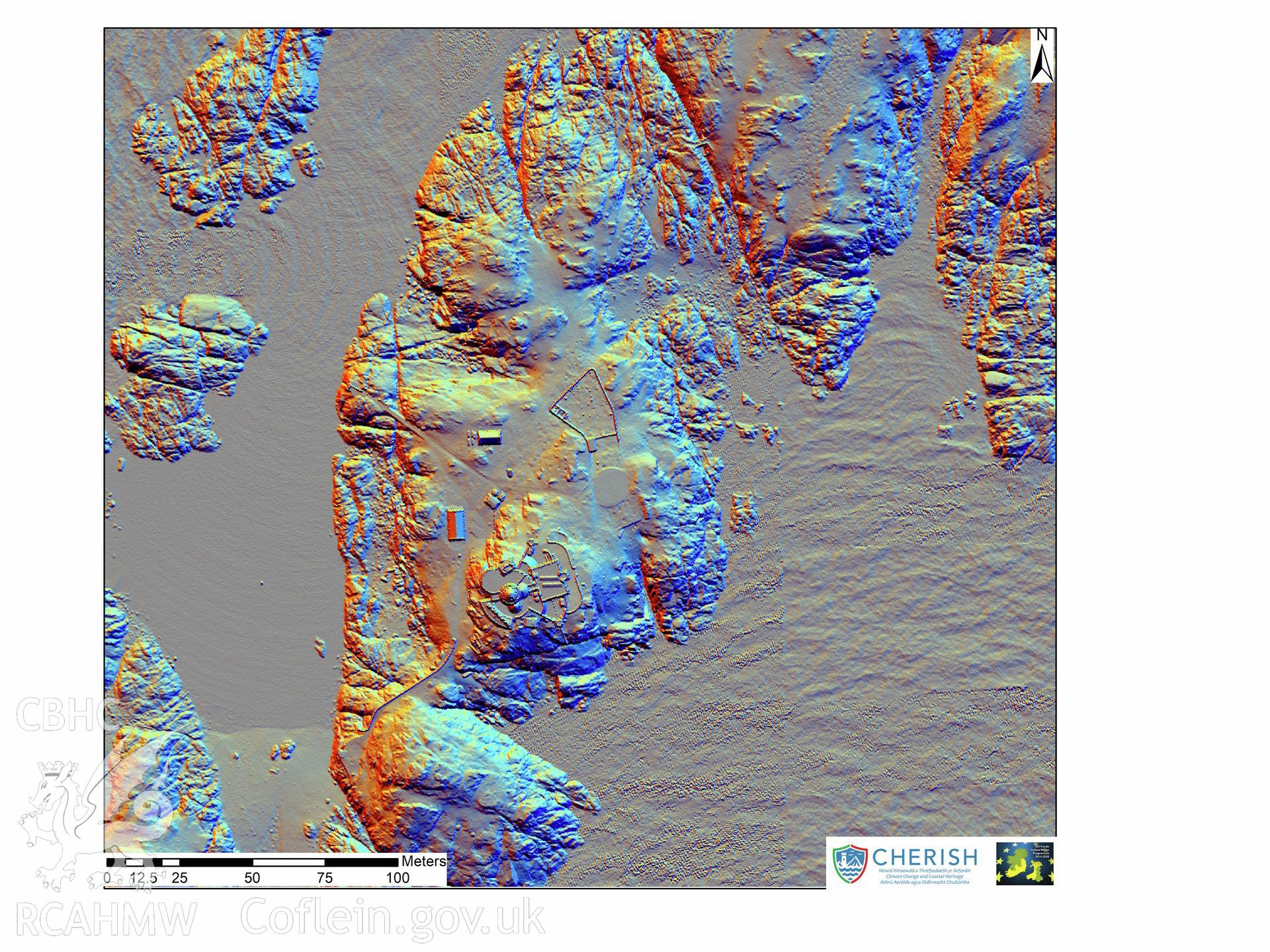 Ynysoedd y Moelrhoniaid (The Skerries Islet). Airborne laser scanning (LiDAR) commissioned by the CHERISH Project 2017-2021, flown by Bluesky International LTD at low tide on the 24th of February 2017. View showing the central area of Skerries Islet with