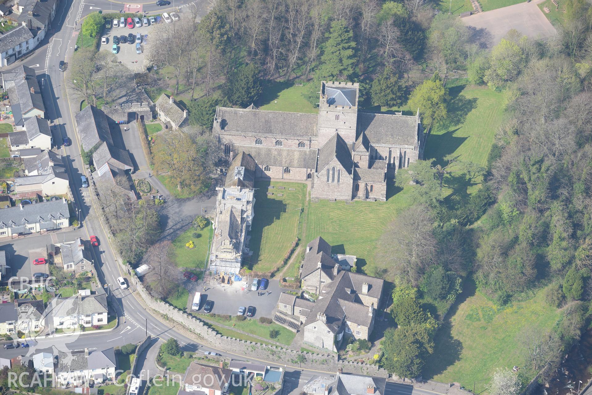 Brecon Cathedral, Canonry, Chapter House, Clergy House, Deanery, Priory and Almonry. Oblique aerial photograph taken during the Royal Commission's programme of archaeological aerial reconnaissance by Toby Driver on 21st April 2015