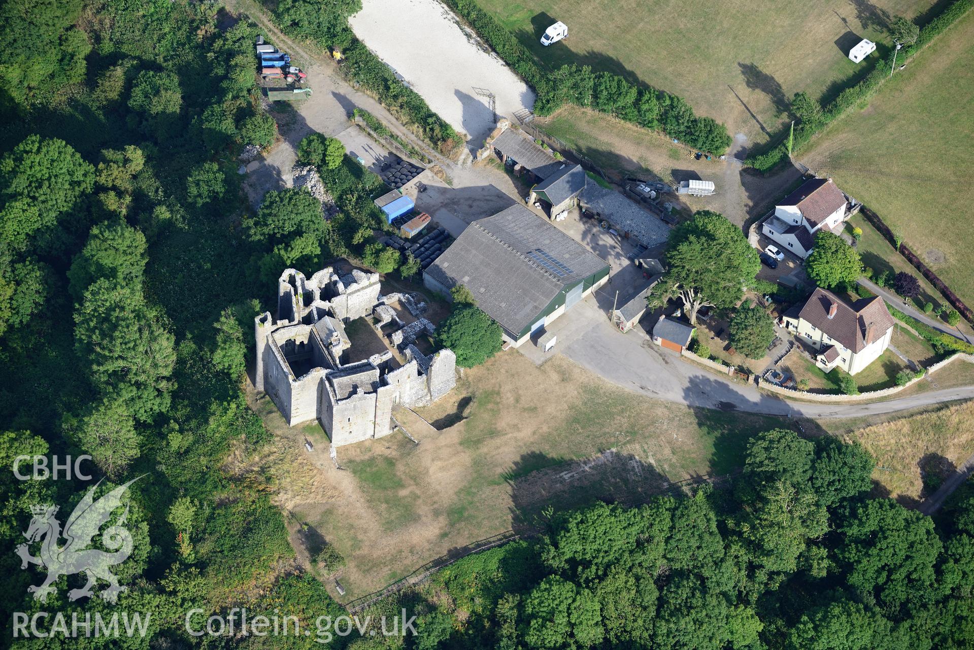 Royal Commission aerial photography of Weobley Castle, with parchmarks, taken on 17th July 2018 during the 2018 drought.