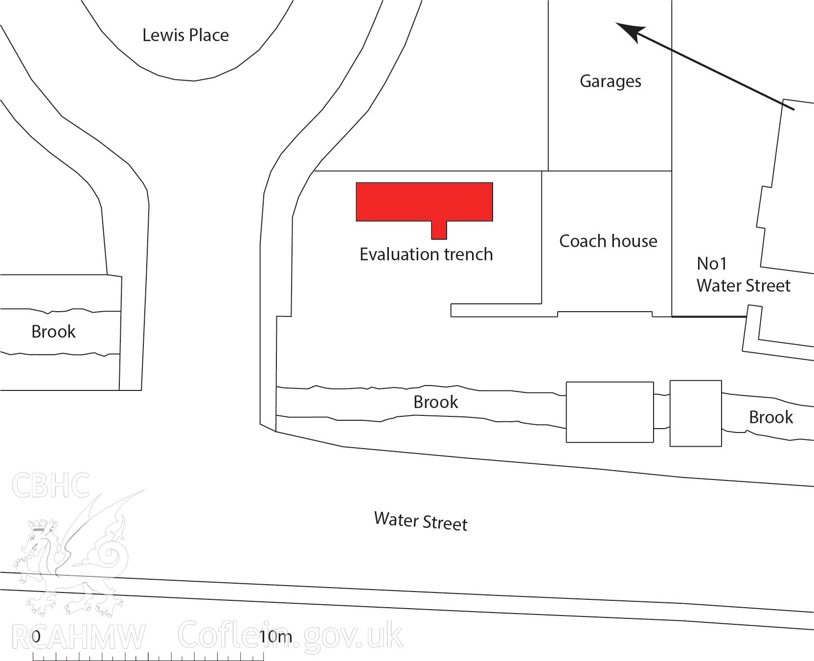 Trench location plan produced during CPAT Project 2158: Archaeological Evaluation at Coach House, Water Street, New Radnor, 2016.