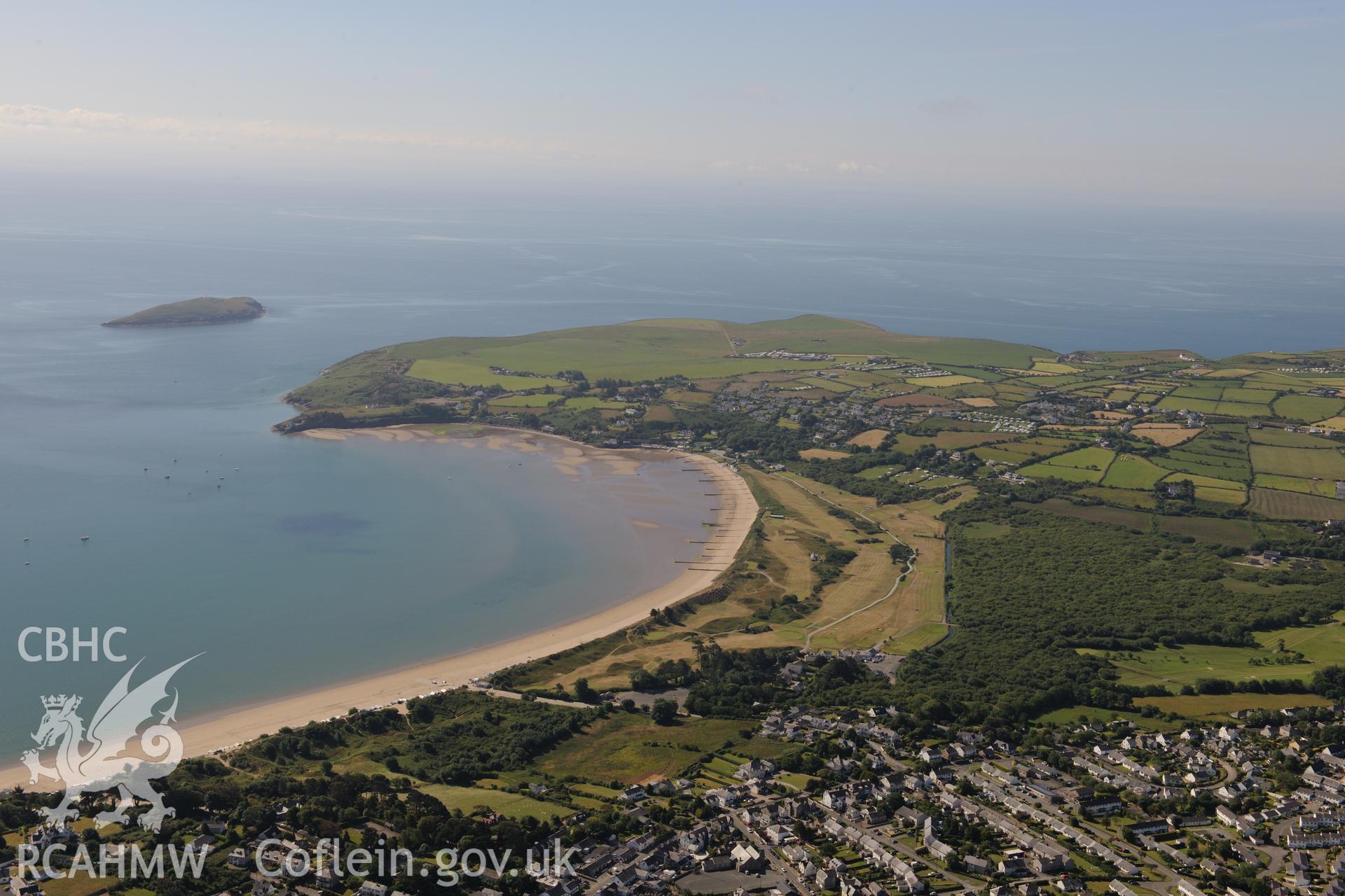 Abersoch village and harbour, Abersoch Golf Club and St Tudwal's Island (east). Oblique aerial photograph taken during the Royal Commission's programme of archaeological aerial reconnaissance by Toby Driver on 23rd June 2015.