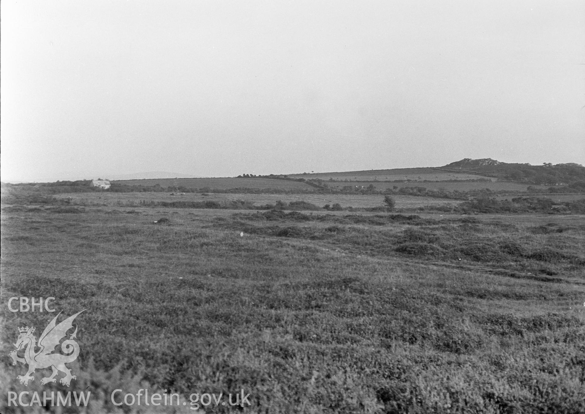 Digital copy of a nitrate negative showing view of Rhos y Clegyrn stone circles, Pembrokeshire taken by Leonard Monroe.