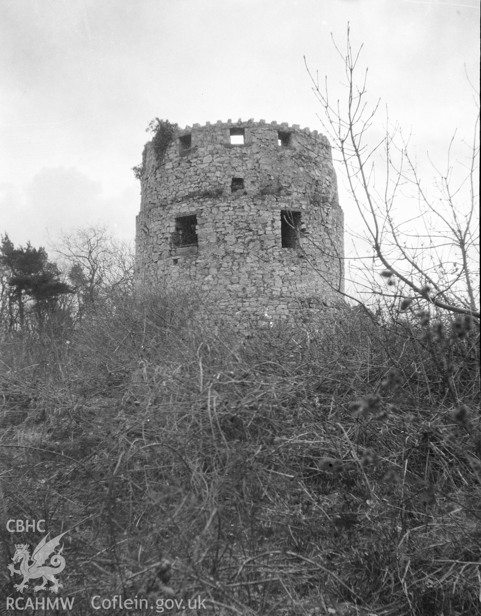 Digital copy of a nitrate negative showing The Tower, Coed y Garreg.