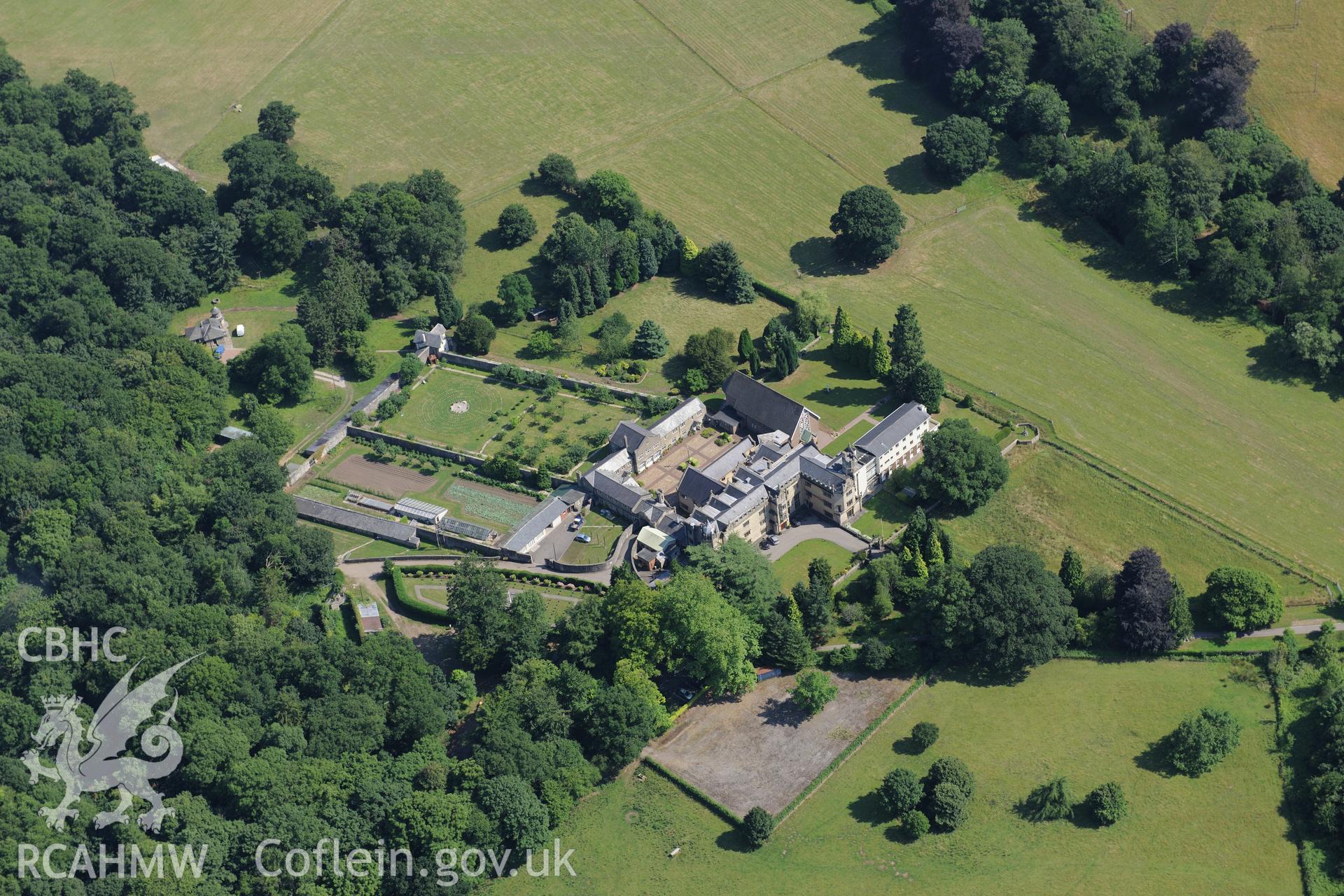 Ton-y-Groes medieval park, with Llantarnan Cistercian Abbey, Nunnery and garden, Cwmbran. Oblique aerial photograph taken during the Royal Commission?s programme of archaeological aerial reconnaissance by Toby Driver on 1st August 2013.