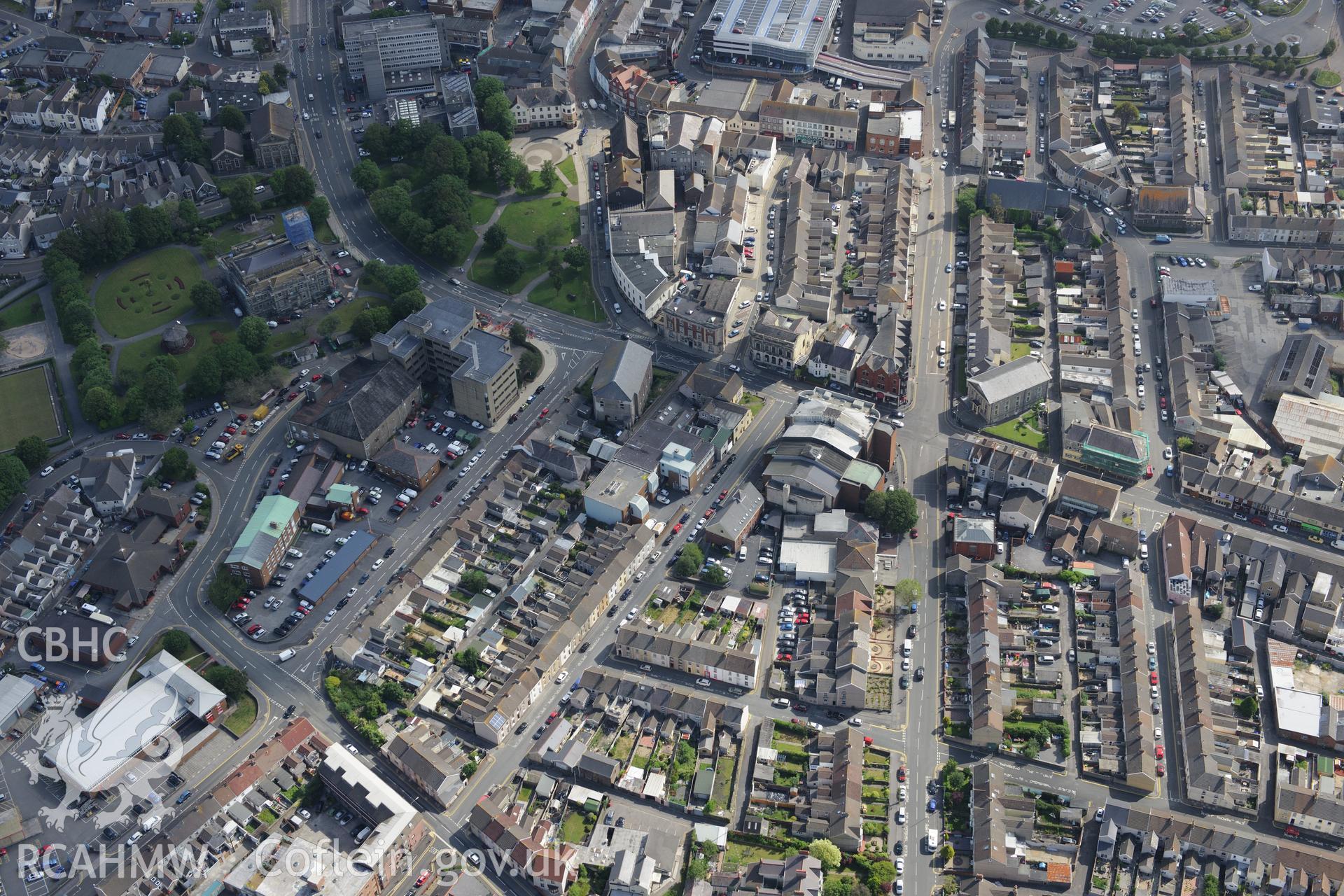 Town Hall; Theatr Elli; Tabernacl Independent Chapel; Moreia Welsh Baptist Church; Greenfield English Baptist Chapel and Our Lady, Queen of Peace Catholic Church, Llanelli. Oblique aerial photograph taken during the Royal Commission's programme of archaeological aerial reconnaissance by Toby Driver on 19th June 2015.