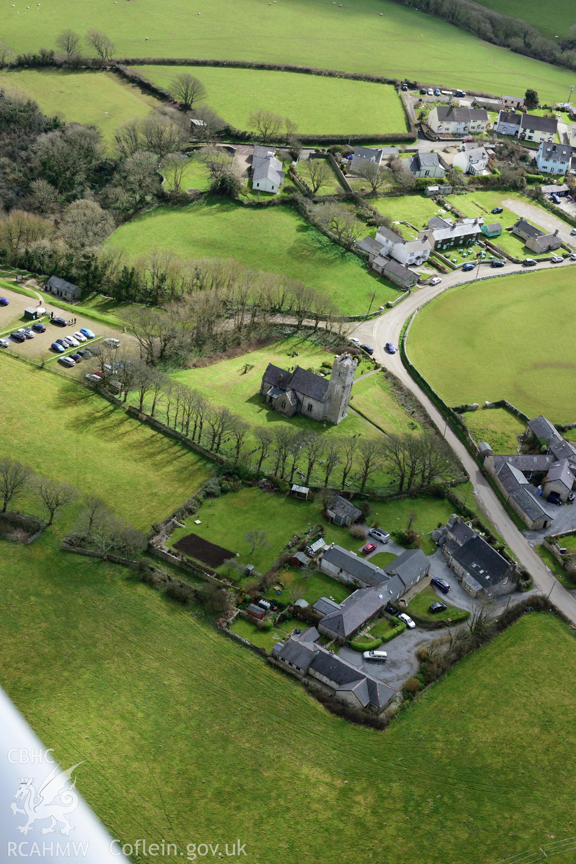 St Michael's Church, Bosherton. Baseline aerial reconnaissance survey for the CHERISH Project. ? Crown: CHERISH PROJECT 2018. Produced with EU funds through the Ireland Wales Co-operation Programme 2014-2020. All material made freely available through the Open Government Licence.