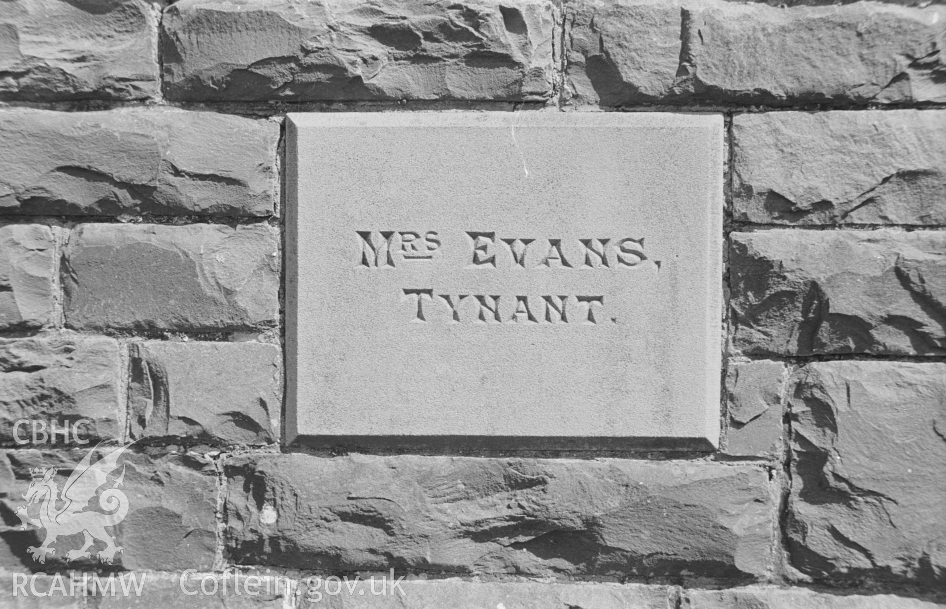 Digital copy of a black and white negative showing memorial stone to Mrs Evans, Tynant, at Ciliau Aeron Unitarian Chapel. Photographed by Arthur O. Chater in August 1967.