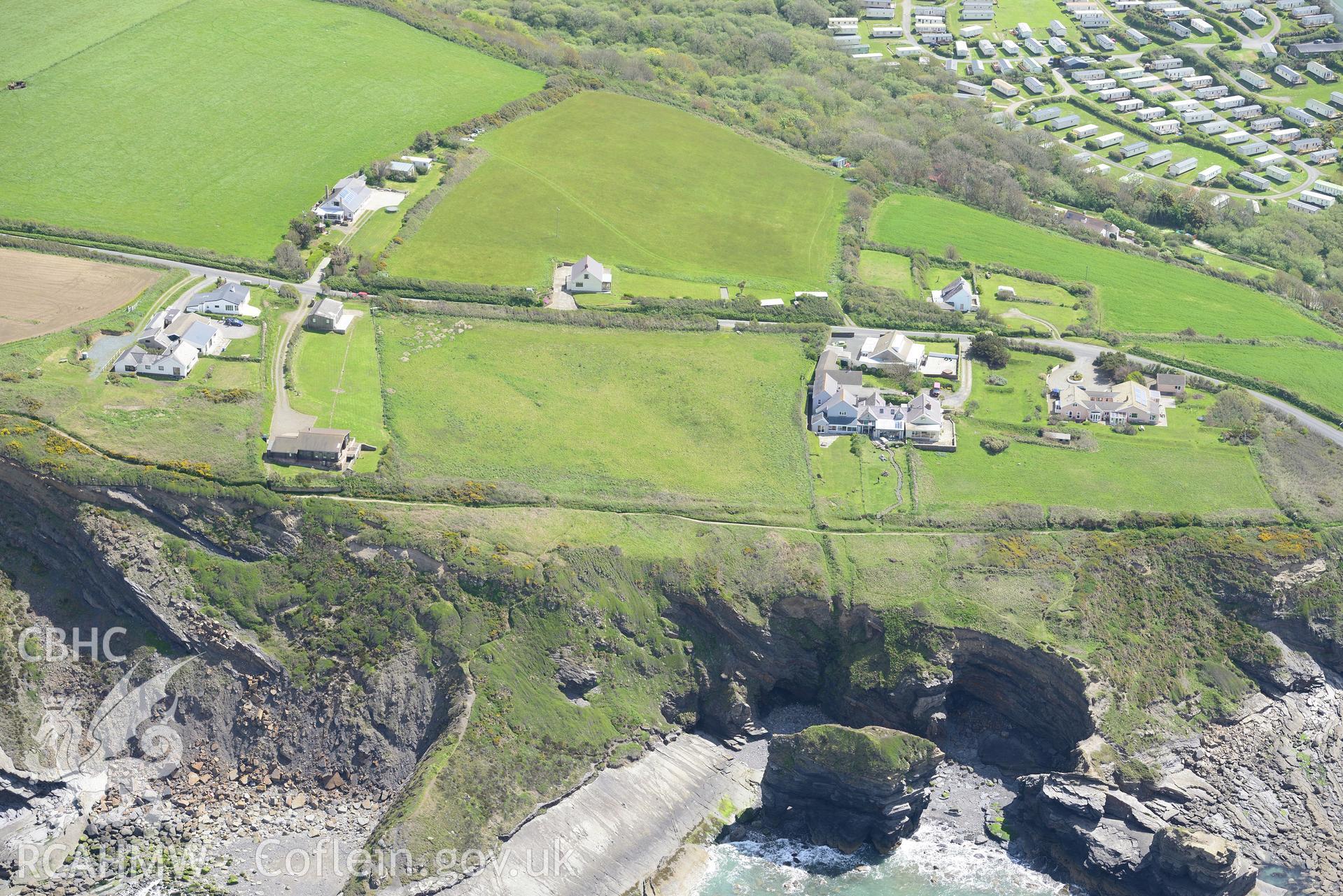 Site of standing stones at Upper Lodge, near Broad Haven, Pembrokeshire. Oblique aerial photograph taken during the Royal Commission's programme of archaeological aerial reconnaissance by Toby Driver on 13th May 2015.